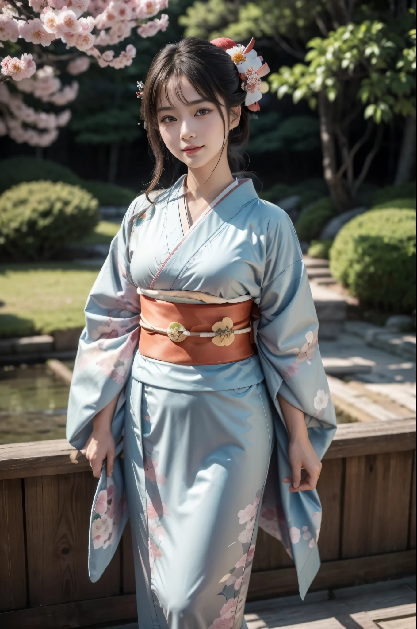 (masterpiece, highest quality, Realistic, High resolution, photograph, :1.3), Sharp focus, 1 Cute Japanese Girl, Hot Model, Highly detailed eyes and pupils, Realistic Skin, Highly detailed hair, Delicate face, Sensual look, Bright lips, Natural Lip, ((whole body shot)), standing pose, smile, (Kimono:1.5), (Floral:1.2), ((sash)), ((obi)), outside of home, (Japanese Style Country), full body,