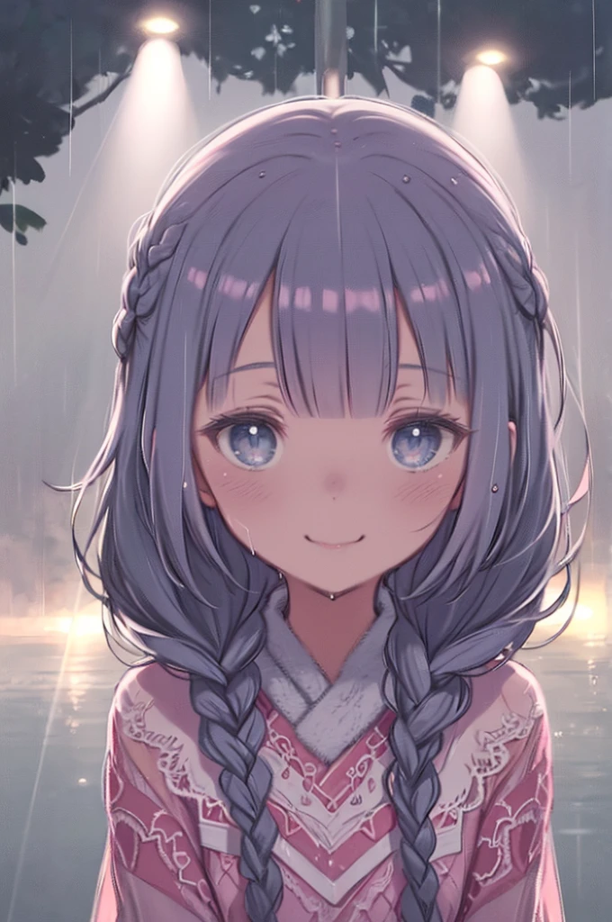 Little,girl,(Jeans Texture Shorts:1.1),(pink lace tunic dress:1.2),(Wearing hoodie in yellow modern style fashion:1.2),(Checkered poncho:1.3),(Sun shower:1.5),(It was foggy:1.2),(cute rain coat:1.3),(Colorful Hair:1.3), (Separated from long hair with double braided pigtails々bangs:1.3),(Blue bright eyes),(Big perfect eyes like diamonds:1.2), cute, (High resolution:1.5),(Flower pattern:.25), Pink details with sparkles and brushes,(smile:1.1),(Face close-up:1.3),(Wet Hair:1.3)
