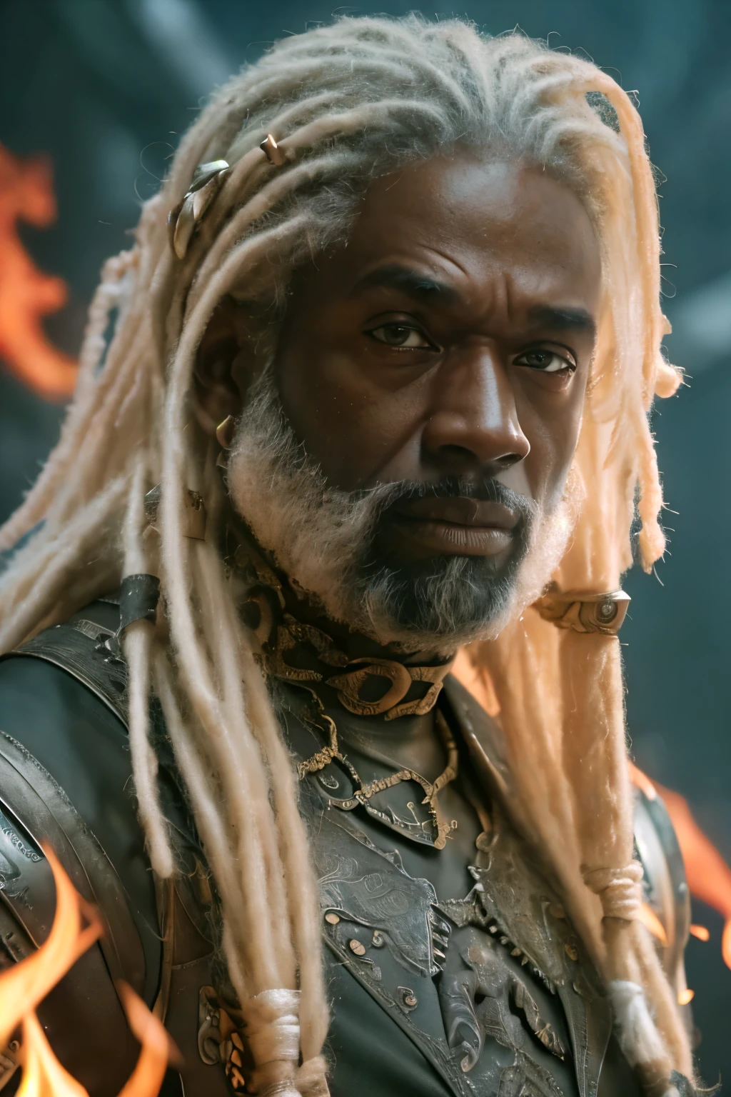 Upper body, (((Cinematic epic poster))) of Corlys Velaryon , a old Black Man, 60 years old, ((white dreadlock hair)), facial expression, Gothic style, (((detailed face))), (a detailed RAW photo of a ), (master part:1.0), (best quality:1.4), (Ultra Highres:1.2), (photorealistic:1.4), 8K resolution, Canon EOS R5, 50 millimeters, Absurd, Ultra Detailed, sharp focus, Cinematic lighting, detailed face, (ULZZANG-6500-V1.1), detailed skin texture, pale skin, chest round, (pale :0.5), Cinematic lighting. (((Abstract flame background, cinematic lighting )))