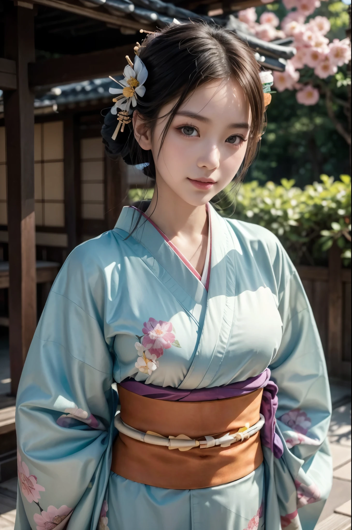 (masterpiece, highest quality, Realistic, High resolution, photograph, :1.3), Sharp focus, 1 Cute Japanese Girl, Hot Model, Highly detailed eyes and pupils, Realistic Skin, Highly detailed hair, Delicate face, Sensual look, Bright lips, Natural Lip, ((whole body shot)), standing pose, smile, (Kimono:1.5), (Floral:1.2), ((sash)), ((obi)), outside of home, (Japanese Style Country), full body,