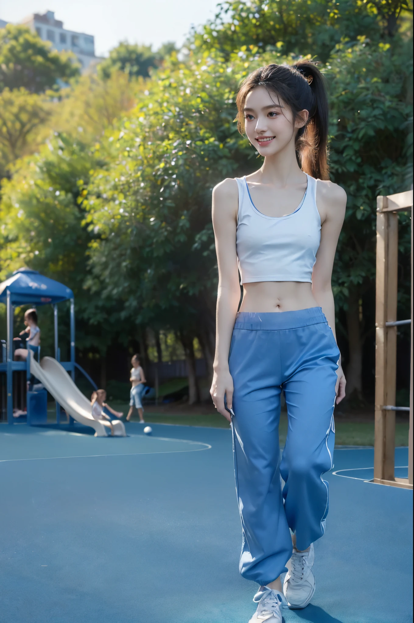 (Extremely meticulous CG),(((8k))),wallpaper,((Extremely refined and beautiful)),(((Masterpiece))),(((best qualtiy))),(((Ultra High Resolution))),beautiful light up,realistic shaded,(Smooth and flawless fair skin:1.5),(Extremely exquisite facial details:1.2),(ultra-detailed:1.5),((a beautiful girl,solo)),(short ponytail:1.2),(Hair fluttering:1.2),(small head:1.2),(slender face:1.2),(Exquisite makeup:1.3),(happy:1.2),(laughing:1.2),(perfect body:1.1),(white tank top:1.2),(small breasts:1.2),(flat chest:1.2),(navel:1.3),(blue sports pants:1.5),(slender legs:1.2),(sneakers:1.2),((slim,thin)),(from front:1.3),(standing:1.3),(arms behind back:1.2),(looking at the viewers:1.2),(On the playground:1.3),(at school:1.3),(outdoor:1.2),(early summer:1.3),(day scene:1.5),(Sunny:1.3),(surrounded by crowded crowds:1.3),(full body:1.3)