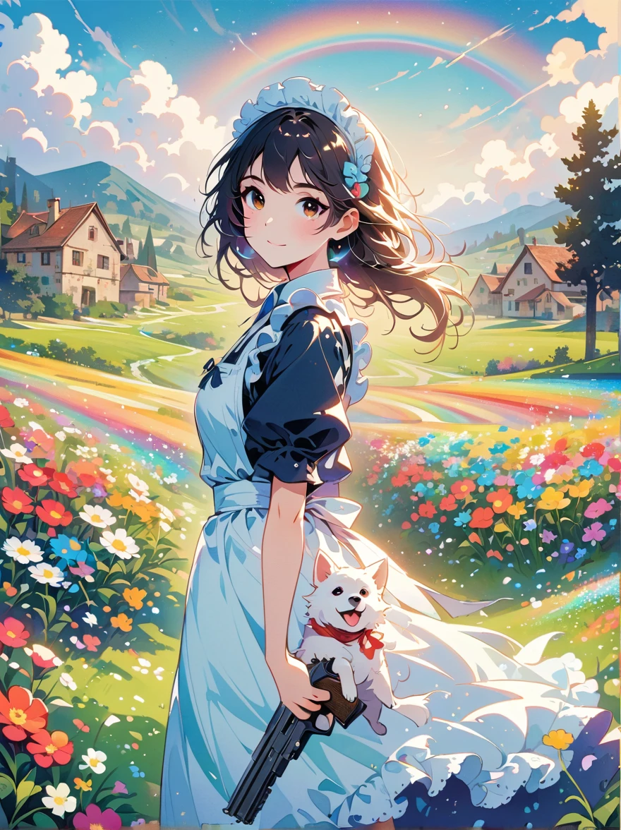 French countryside，Illustration of a cute girl，Black long hair，Wearing maid outfit, maid，Holding a white dog，Walking in the flower fields，Cloudy sky in the background，Right hand holding the gun，The gun is pointed at you，Happy expression，digital art style，Rough Line Work，Flat illustration style，Vibrant colors，The breath of spring，Landscape photos，high resolution，high quality，High Detail，Colorful, rainbow, small , Contrasting colors, in the spring landscape, icon design, Rozmin trip, vector art, Solitary，Abstract surreal colors, Popular geometric surrealism, rainbow色的梦想