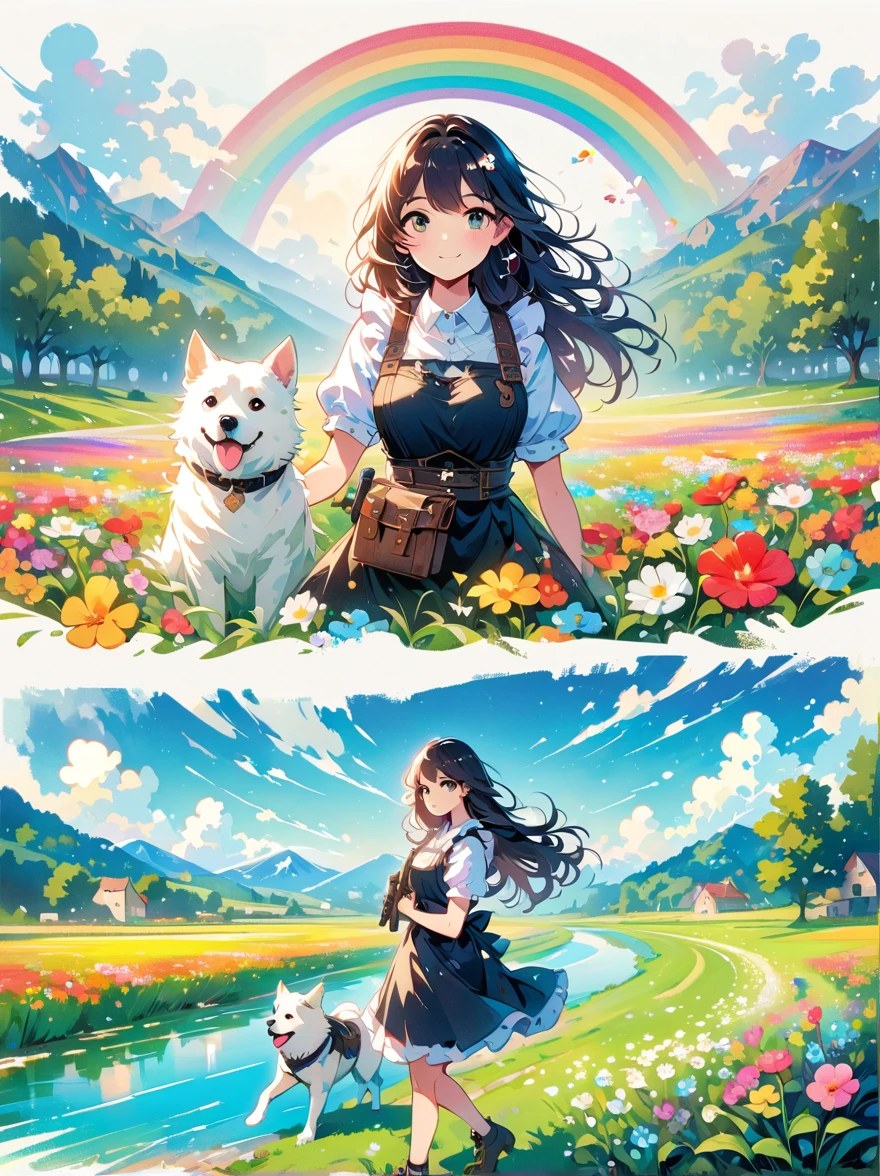 French countryside，Illustration of a cute girl，Black long hair，Wearing maid outfit, maid，Holding a white dog，Walking in the flower fields，Cloudy sky in the background，Right hand holding the gun，The gun is pointed at you，Happy expression，digital art style，Rough Line Work，Flat illustration style，Vibrant colors，The breath of spring，Landscape photos，high resolution，high quality，High Detail，Colorful, rainbow, small , Contrasting colors, in the spring landscape, icon design, Rozmin trip, vector art, Solitary，Abstract surreal colors, Popular geometric surrealism, rainbow色的梦想