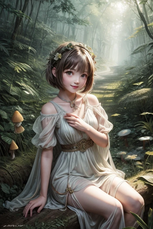 High resolution, highest quality, An illustration, Super detailed, Fantasy, god々Shii、in the forest, One -yeld gi Short Hair,　Dirty dress、cute、a lot of mushrooms、smile、Angle from below、monotone、