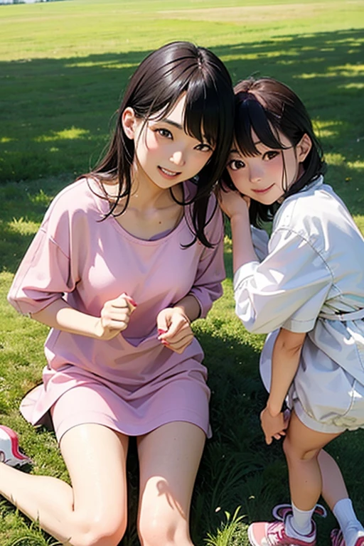 A young Japanese woman is smiling as she stands over a woman lying on the grass in pink sneakers, holding the hem of her white camisole dress, which has been blown up by a strong wind.