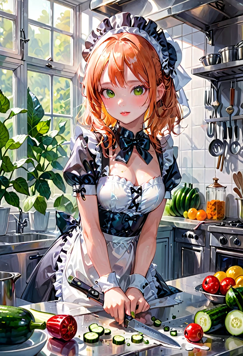 Maid Outfit, beautiful french maid in white latex outfit cutting cucumber in kitchen with knive, pretty face , pretty features, pretty pose, delicate, innocent, pretty kitchen, roses, light, detailed, acrylic, watercolor, royo