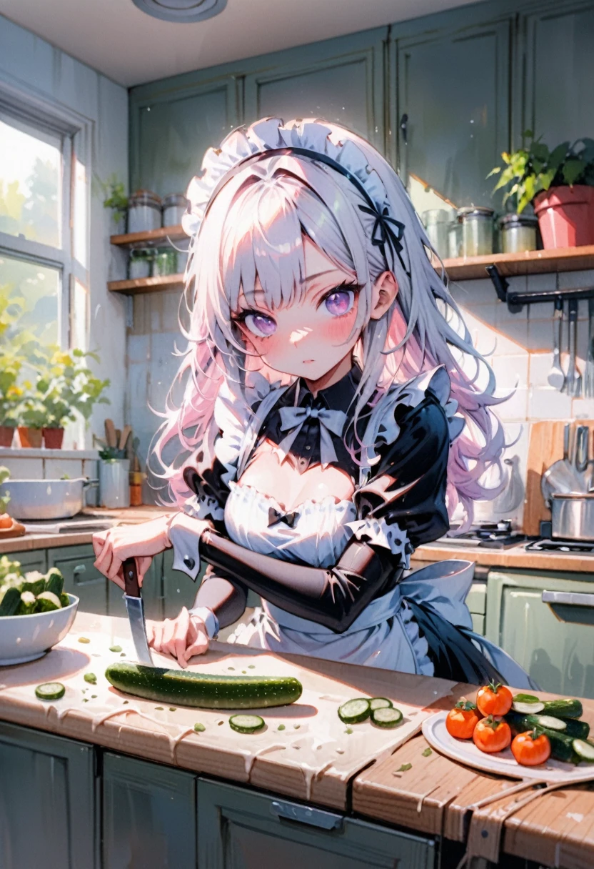 Maid Outfit, beautiful french maid in white latex outfit cutting cucumber in kitchen with knive, pretty face , pretty features, pretty pose, delicate, innocent, pretty kitchen, roses, light, detailed, acrylic, watercolor, royo