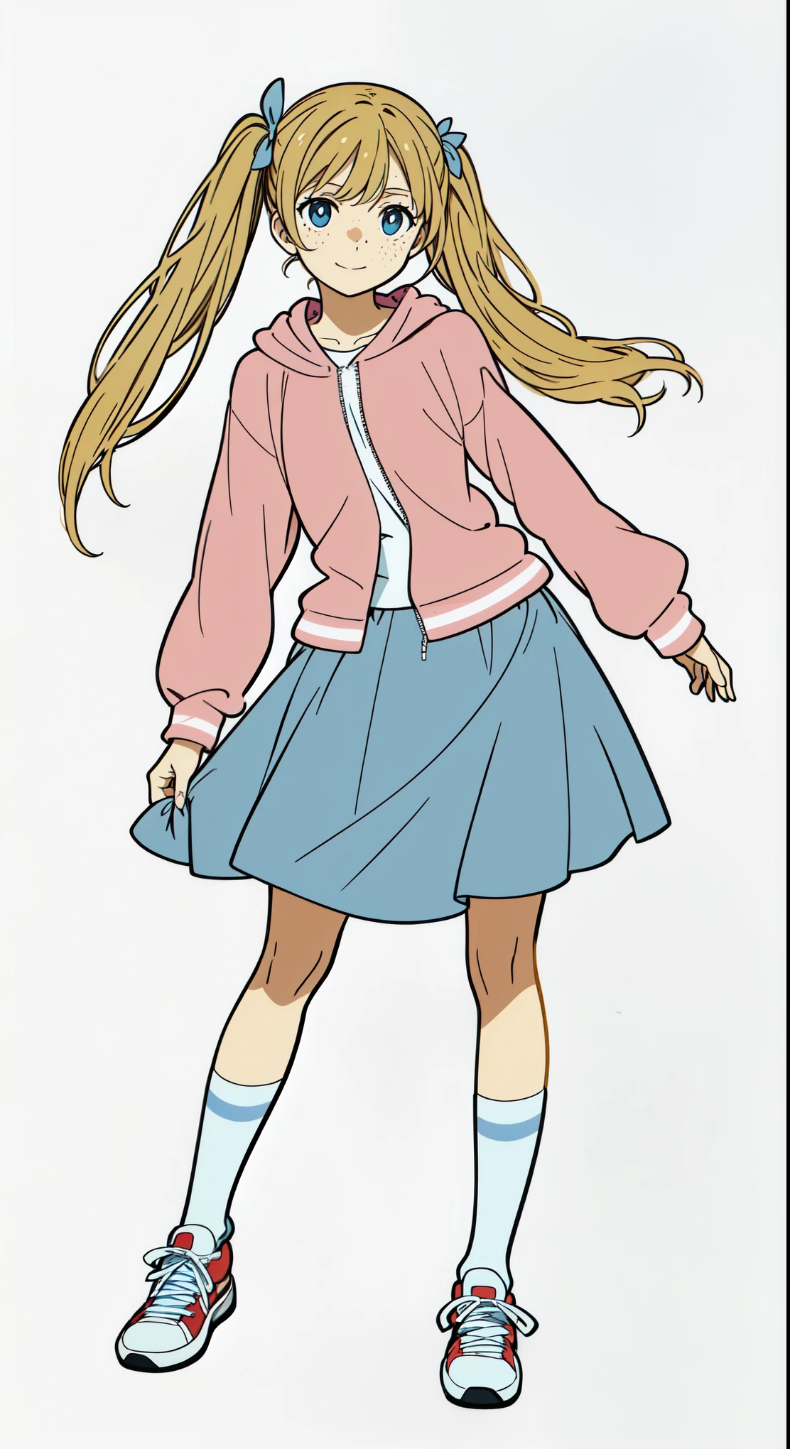 (best quality:1.0), (masterpiece:1.0), (super fine illustration:1.0), (beautiful artwork:1.0), (anime screencap:1.0), (official art:1.0), (european:1.5), (cheerful:1.0), (white background:1.0), (best quality:1.0), (masterpiece:1.0), (super fine illustration:1.0), (beautiful artwork:1.0), (anime screencap:1.0), (official art:1.0), (solo:1.0), (european:1.0), (a 18yo cute girl:1.0), (long skirt:1.0), (light blue skirt:1.0), (flare skirt:1.0), (pink long sleeve hoodie:1.0), (white t-shirt:1.0), (sneakers:1.0), (white socks:1.0), (ideal ratio body proportions:1.0), (lanky:1.0), (tall:1.0), (slender:1.0), (small breasts:1.0), (smaller face:1.0), (freckles:1.0), (detailed beautiful eyes:1.0), (detailed beautiful face:1.0), (glowing blue eyes:1.0), (long hair:1.0), (twin tails:1.0), (swept bangs:1.0), (blonde hair:1.0), (standing:1.0), (looking at viewer:1.0)