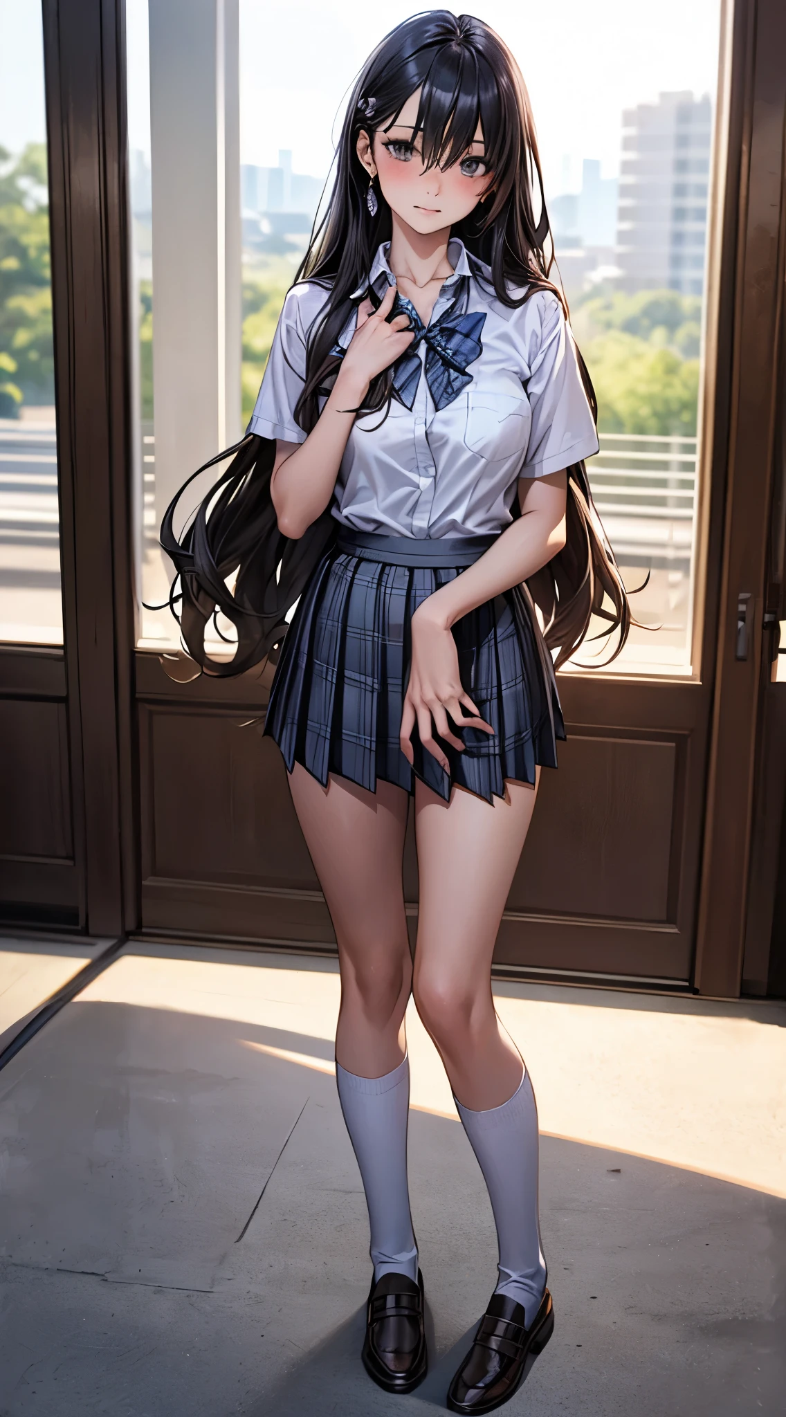 (masterpiece:1.2, top-quality), (realistic, photorealistic:1.4), beautiful illustration,
looking at viewer, full body, front view:0.6,
1 girl, japanese, high school girl, (long hair:1.5), blown hair, (half up, half updo), bangs, hair between eye, large breasts:0.8,
beautiful hair, beautiful face, beautiful detailed eyes, beautiful clavicle, beautiful body, beautiful chest, beautiful thigh, beautiful legs, beautiful fingers,
(beautiful scenery), , school,
((collared short sleeve shirt, white shirt, , grey plaid pleated skirt, blue plaid bow tie)), white panties,
(standing, , lift up skirt, grab the hem of the skirt, hands on chest, hand between legs),
blush, ,