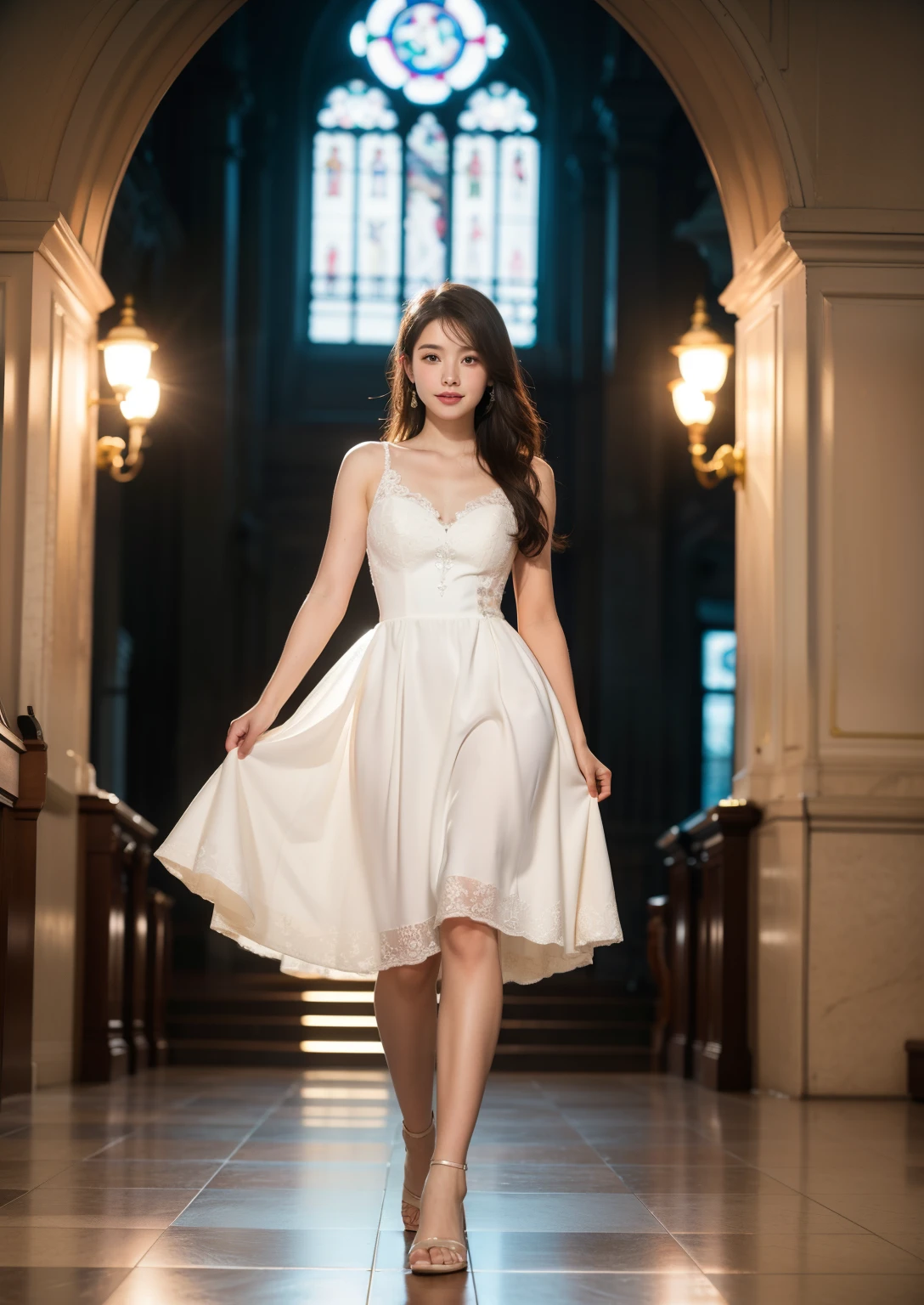 Beautiful 25 year old woman。She is wearing a summer wedding dress. She is walking and her legs crossed and one leg is visible. She is shying and smiling on illuminated by the evening church lights . her black hair. High resolution、masterpiece、highest quality、頭w:1.0、((Hasselblad Photos))、fine skin、(movie lighting)、clavicle . full body picture.