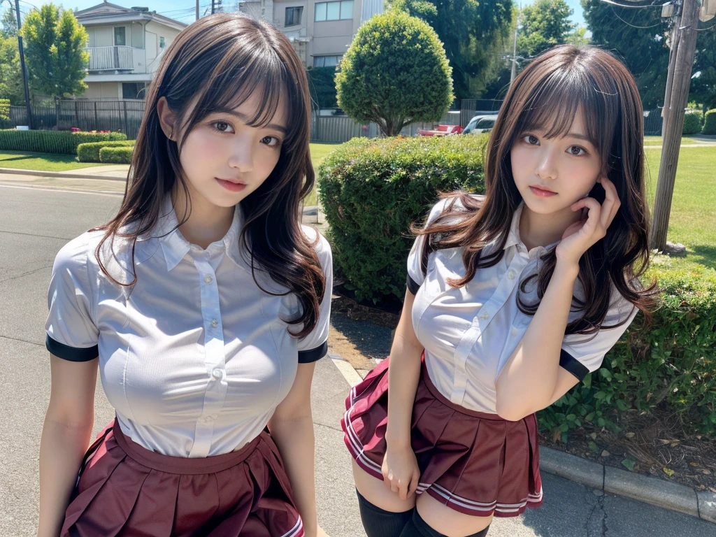 masterpiece, best quality, illustration, Super detailed, fine details, High resolution, 8K,wall paper, perfect dynamic composition,(Details High quality, realistic depiction of eyes:1.3), (2girls), standing, short hair, (wavy hair:1.2), (short sleeve collared dress shirt,tight skirt,thighhighs,zettai ryouiki:1.4), black hair color, Big Natural Color Lip, bold sexy pose, crying a little, Harajuku style、acrobatic pose, 20 year old girl、cute type、ta、beautiful legs, gravure idol, Japanese idol, huge breasts