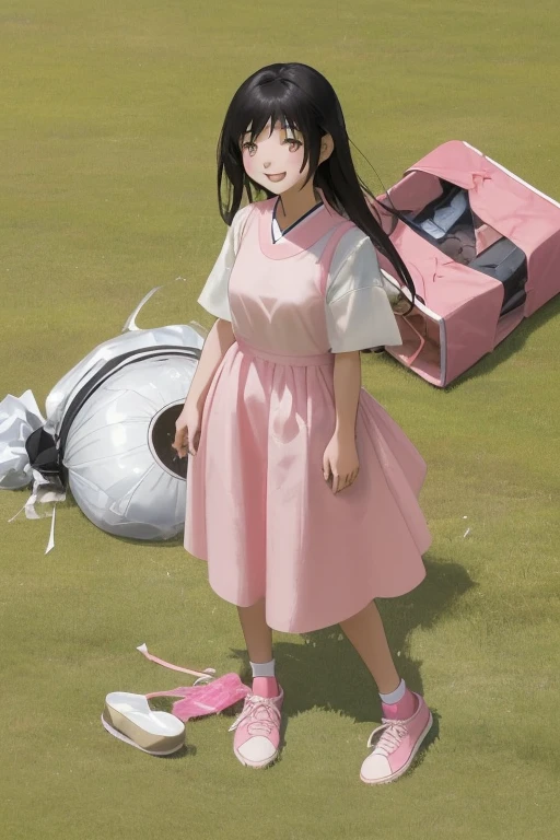 A young Japanese woman is smiling as she stands over a woman lying on the grass in pink sneakers, holding the hem of her white camisole dress, which has been blown up by a strong wind.