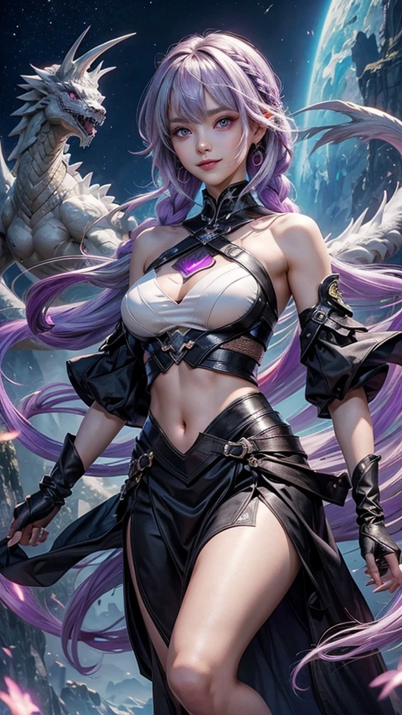 highest quality、Masterpiece、Official Art、Award-winning works、The best composition、A couple is riding on the back of a white dragon、Picture facing the viewer、god々Shii、yinji,1girl,solo, purple eyes, long hair, twin braids, purple hair, multicolored hair, elbow gloves, bangs, very long hair,bare shoulders, black skirt, grey hair, dress, smile, side cutout,covered navel,