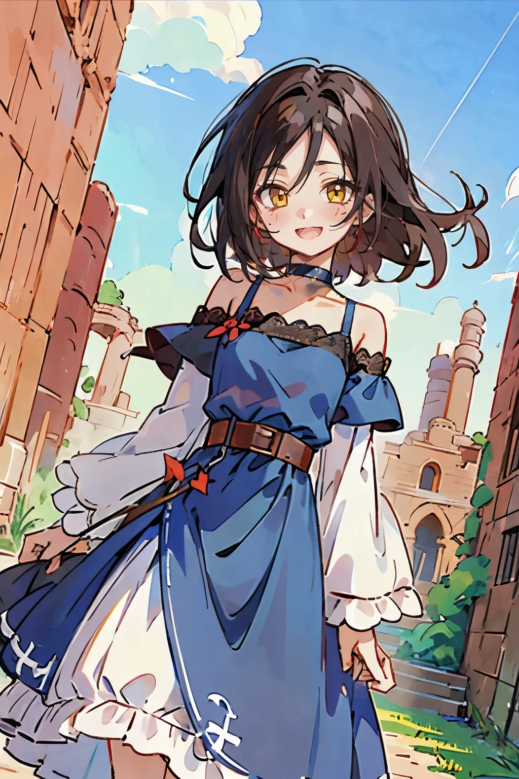 Hui Xiyi, Rekkyo Sensen, fantasy world, ruins, fort, beautiful sky, shining sky, sunshine, camisoles, belts, blue clothes, cross choker, wind blowing dress, lace dress, off-shoulder sleeves