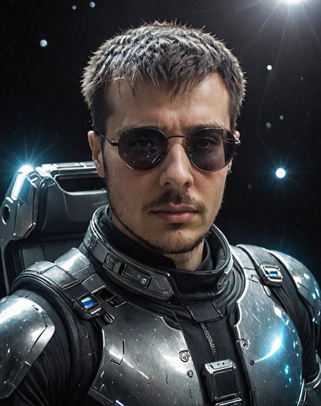 ErwanB with sunglasses looks at the camera, he is in space with a futuristic suit, cinematic light, universe, photorealistic, specular light