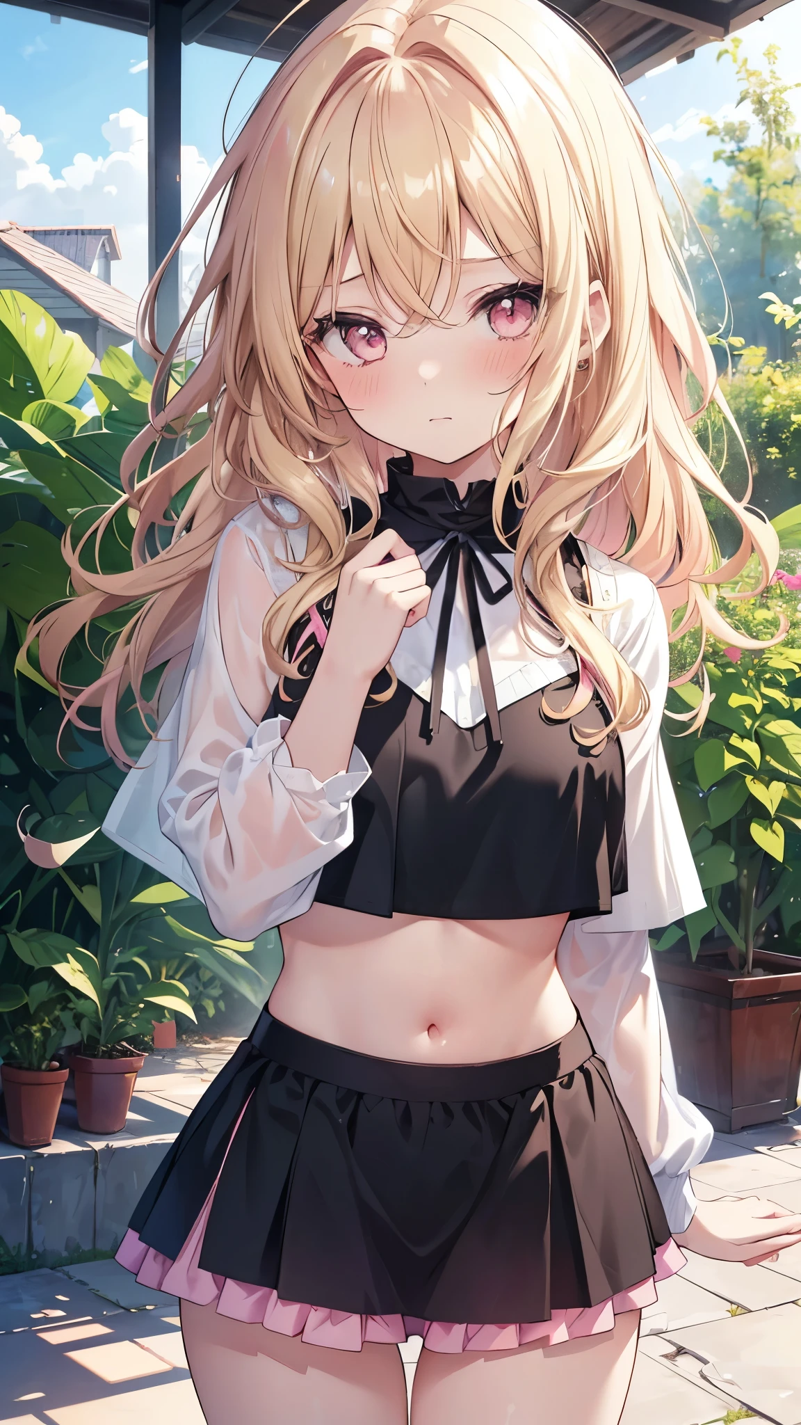 1 girl, mini skirt, Skirt Lift Pose, Cute pink panties, Embarrassed look, Lash Drawstring Crop Top, home garden, Modern House, sunny, Slightly messy wavy hair, Blonde Hair Color Palette Mix Black, My cheeks are a little red, addition_detailed:1