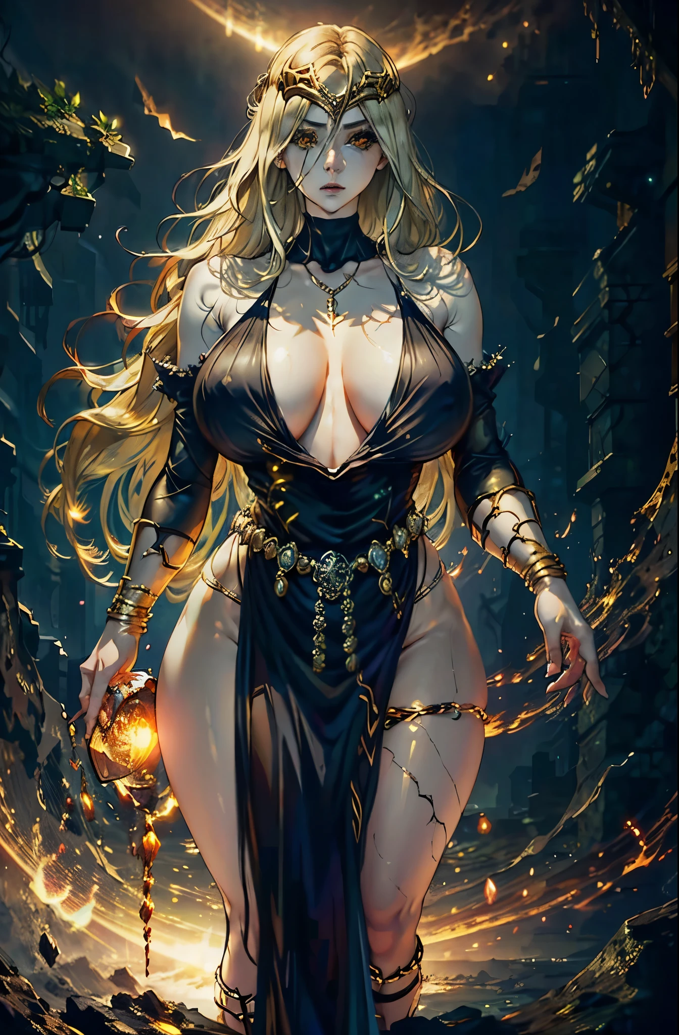 Masterpiece, hyper detailed, 1girl, mature, (((( enormous giant tits))))  medium chest, pale skin, wide forehead, (big Golden eyes), golden braid haircut, BREAK in free silk black dress, huge cleavage BREAK (standing cross legs, looking at viewer with slight sorrow) in (the dark void, with small gold lights) BREAK 