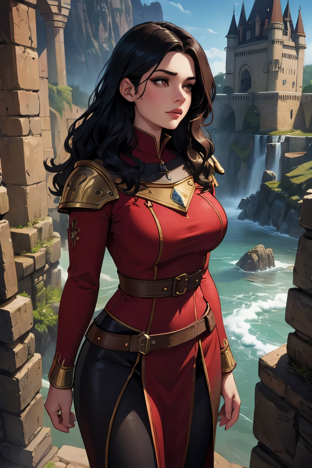 a detailed portrait of a confident 20 year old woman with black medium wavy hair, brown eyes, wearing a red fabric outfit, looking like a medieval adventurer mage in a castle setting, detailed clothing, leggings, boots, (best quality,4k,8k,highres,masterpiece:1.2),ultra-detailed,(realistic,photorealistic,photo-realistic:1.37),detailed facial features, beautiful detailed eyes, beautiful detailed lips, extremely detailed eyes and face, long eyelashes, medieval, fantasy, adventurer, mage, castle, confidence, dramatic lighting