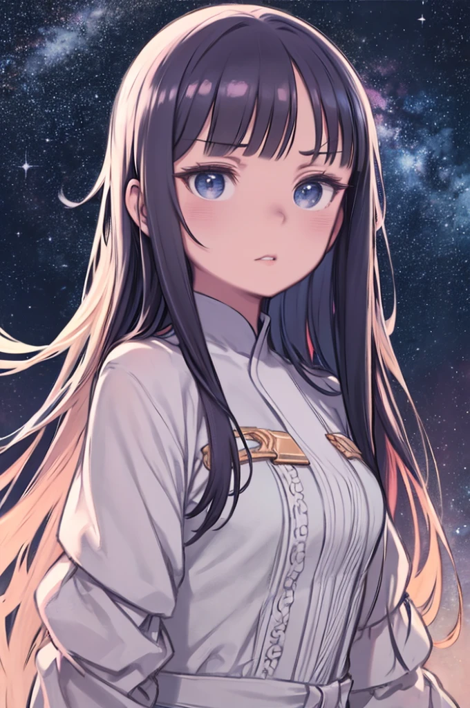 masterpiece, highest quality, masterpiece, divine qualities, Godly art, Highly detailed face, whole body, Very realistic, cute, Young girl, Big eyes, Long eyelashes, Colorful Hair, Variegated eyes, Shiny skin, Lip, Big Lips, Shiny skin, blush, Nice views, In space, Starry sky background, performer, Dazzling Light, Colorful light, Wearing a mugwort、An angry, glaring expression、The whites of the eyes are bright blue