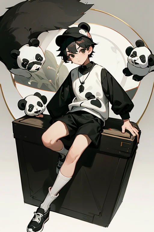 12 year old boy, black hair, black eyes, full body, panda cap, panda jersey, panda shorts, Panda shoes, panda socks, mirror necklace, Inner Sef, Self Insert, Bipolar,