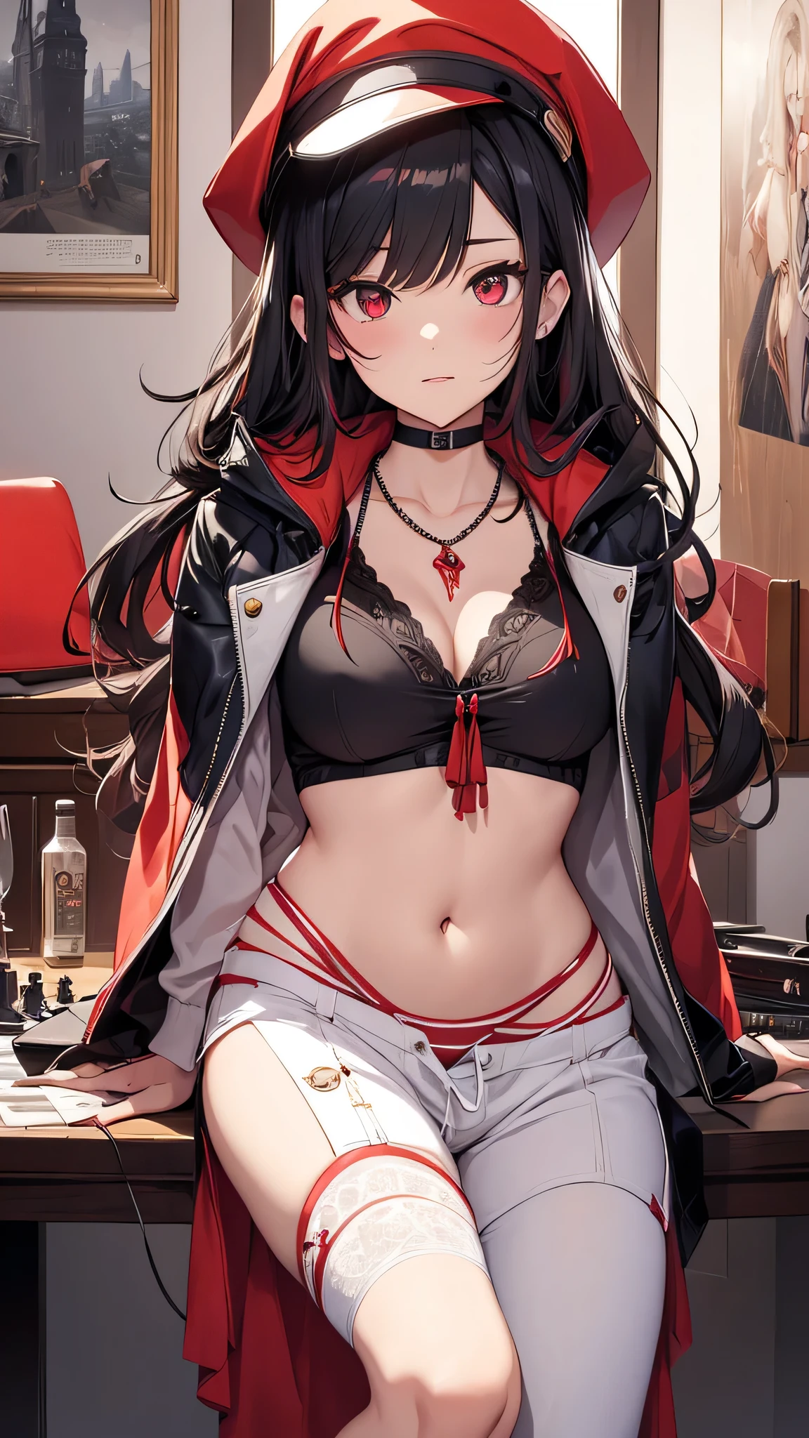 Highest quality、Highest quality、Masterpiece、girl((Metal body,5、as soon as、Highest Bust、Medium Bust、Wide open chest、Red glowing eyes、Black Ear、Red Mesh、Disheveled Hair、Loincloth、thin、The best valley、Open chest、Red Cape、hair ornaments、Full body view、White short-sleeved hoodie、White trousers、Ruby Necklace、No underwear、hat,Intoxication、Sit on a chair、Crossing your legs))、high quality、Beautiful Art、background((night、Red room、Cool chair,Cool chess board、table、red wine))、flight、Flying Debris、Depth of text、movie、Visual Arts、Perfect Art、8K、Genuine、Special Angles