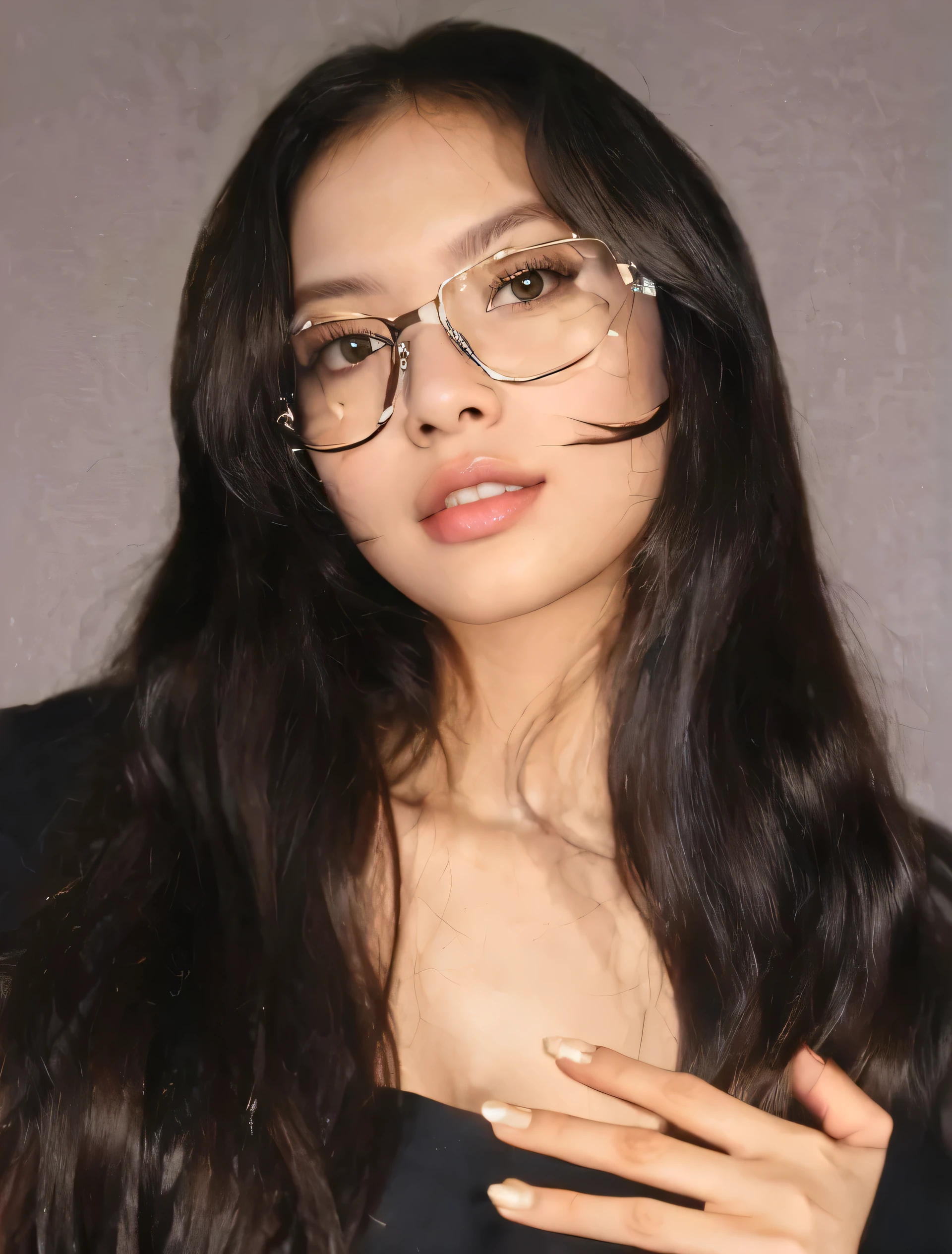 a close-up of a woman wearing glasses and a black blouse, long wavy black hair and glasses, with glasses quadrados, with glasses, thick lens glasses, lisa grande round glasses, lisa Blackpink, cindy avelino, Retrato de lisa do Blackpink, thick-rimmed glasses, grande!!!!!! glasses!!!, in square frame glasses, with glasses lisa blackpink lisq blackpink