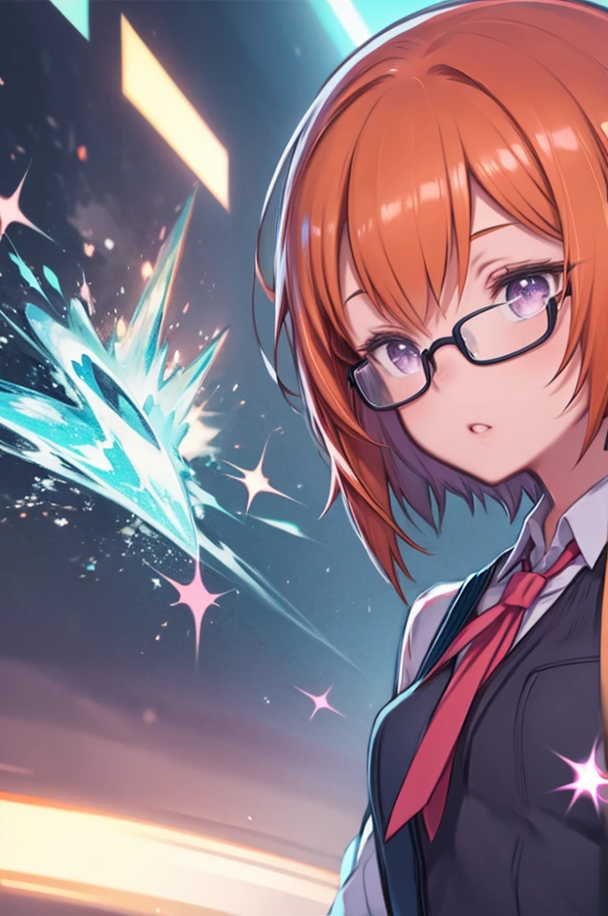 Glitter Idol、high resolution、Purple eyes、 Short Hairstyles、straight short、Orange Hair、pretty girl、Put headphones on your neck、 Wear glasses、Dynamic Movement、School classroom、Vibrant colors、Bust up shot, Delicate depiction、