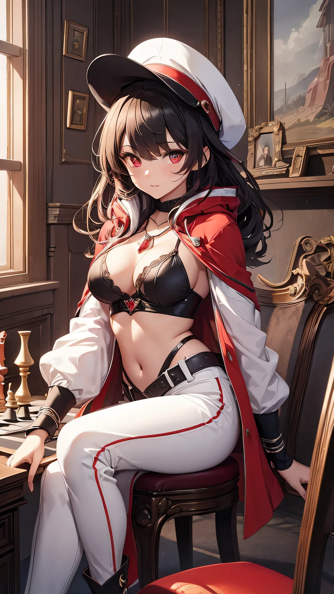 Highest quality、Highest quality、Masterpiece、girl((Metal body,Age 25、as soon as、Highest Bust、Medium Bust、Wide open chest、Red glowing eyes、Black Ear、Red Mesh、Disheveled Hair、Loincloth、thin、The best valley、Open chest、Red Cape、hair ornaments、Full body view、White short-sleeved hoodie、White trousers、Ruby Necklace、No underwear、hat,Intoxication、Sit on a chair、Crossing your legs))、high quality、Beautiful Art、background((night、Red room、Cool chair,Cool chess board、table、red wine))、flight、Flying Debris、Depth of text、movie、Visual Arts、Perfect Art、8K、Genuine、Special Angles