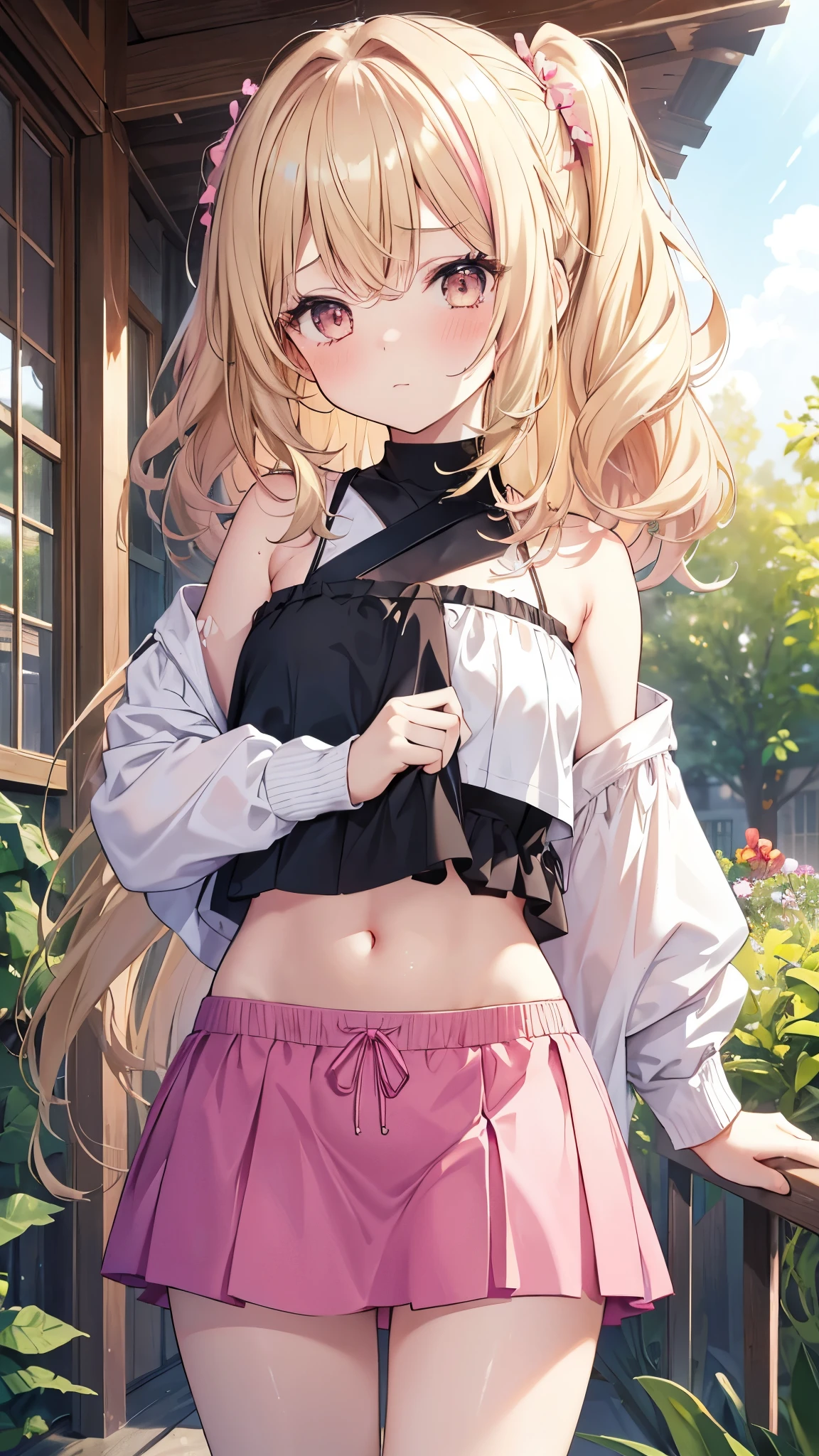 1 girl, mini skirt, Skirt up pose, cute pink panties, embarrassed look, Lash Drawstring Crop Top, home garden, modern house, sunny weather, slightly tousled wavy hair, palette mix black, slightly flushed cheeks, addition_detailed:1、blonde blue eyes、 girl、small breasts、twin tails