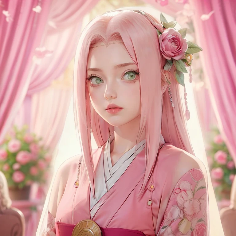 young woman, short shoulder-length pink hair, wide forehead, porcelain skin, pink eyebrows, big emerald green eyes, buttoned nose, full lips, heart-shaped face, slender body, small breasts, red tank top, Sakura Haruno , realistic, realism, details, 3d, well detailed