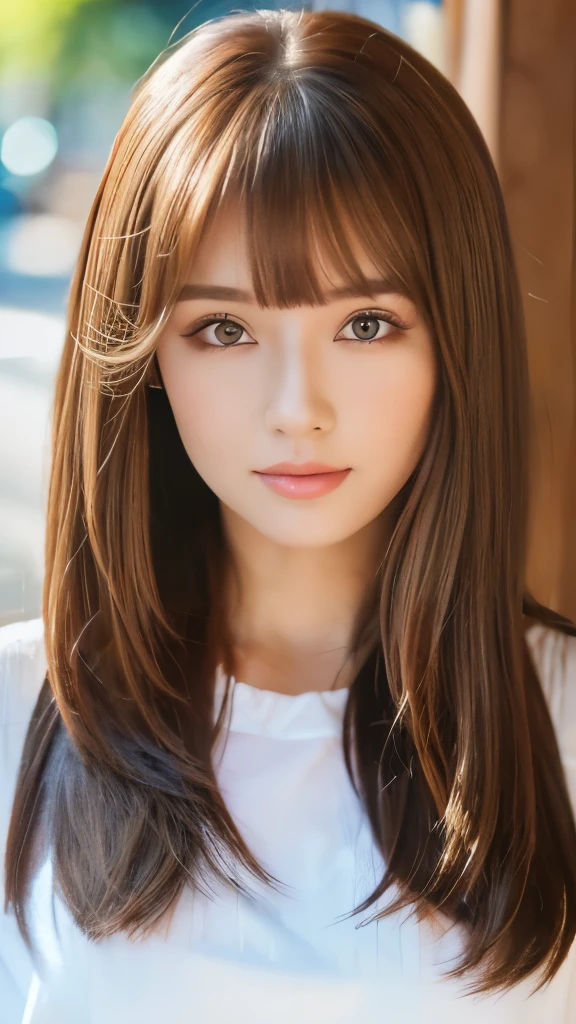 Best quality, 8k, ,Masterpiece :1.3)), facing viewer,((full body1.2)) ,pretty woman, wide shot ,1girl, , selfie , , Hair salon, brown hair , bangs,ultra-detailed face, highly detailed lips, detailed eyes, double eyelid