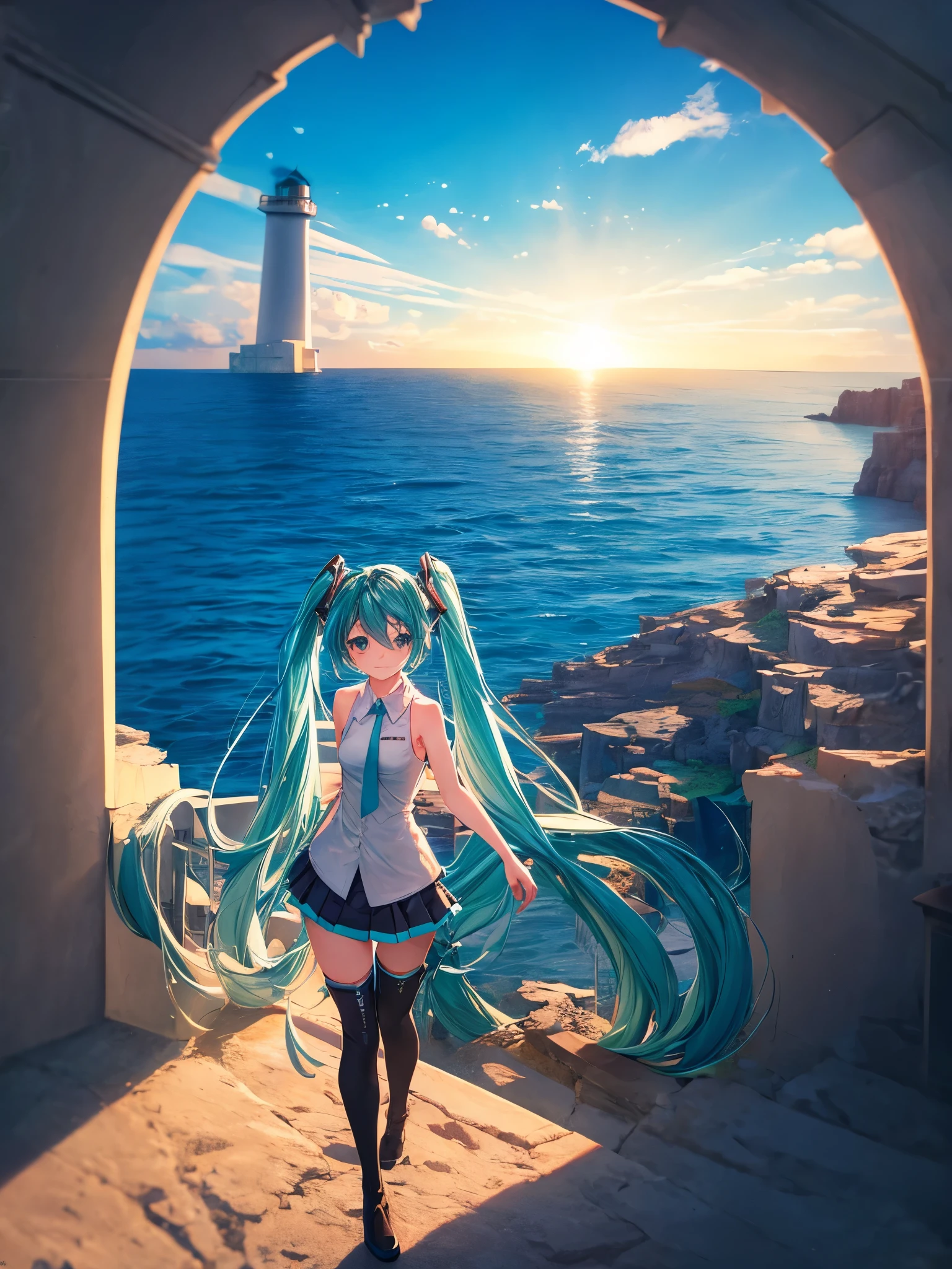 ((masterpiece)),(highest quality),Official Art,Highly detailed CG,unity 8k wallpaper,Super detailed,Lighthouse on top of a cliff by the sea,One girl,alone,Cowboy Shot,Hatsune Miku,View Viewer,Sleeveless shirt,White shirt,fringe,smile,Black knee socks,Hair between the eyes,Twin tails,Very long hair,Aqua Eye,Aqua Hair,Removable sleeves,mini skirt,aqua necktie,Thigh-high boots,