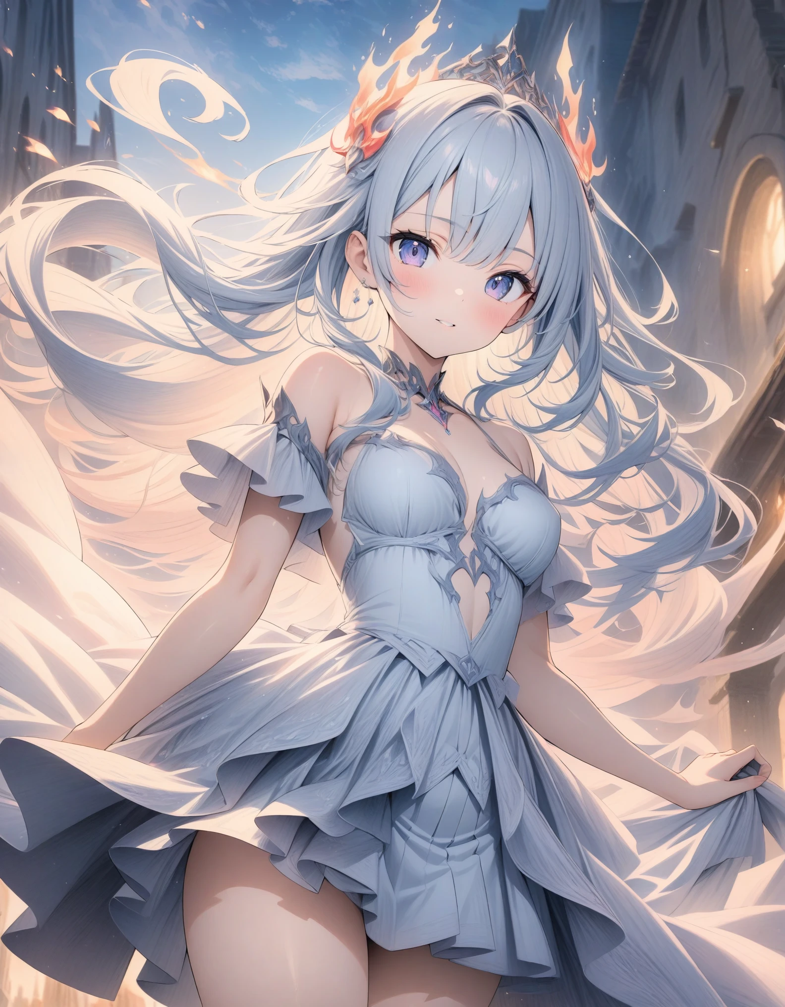 ((style:Colored pencil,pale colour)),(anime)、(masterpiece:1.2),atmospheric perspective,lens flare、Princess of Flame、Otherworldly fantasy、cute、Flames swirling all around