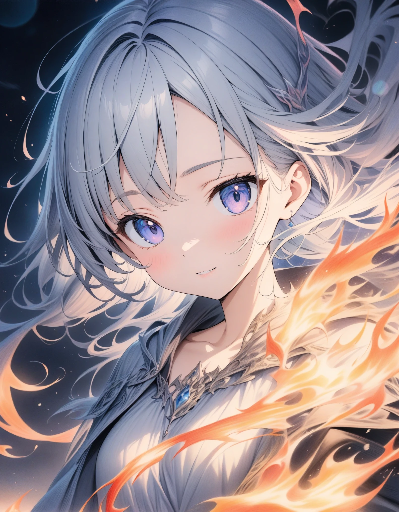 ((style:Colored pencil,pale colour)),(anime)、(masterpiece:1.2),atmospheric perspective,lens flare、Princess of Flame、Otherworldly fantasy、cute、Flames swirling all around