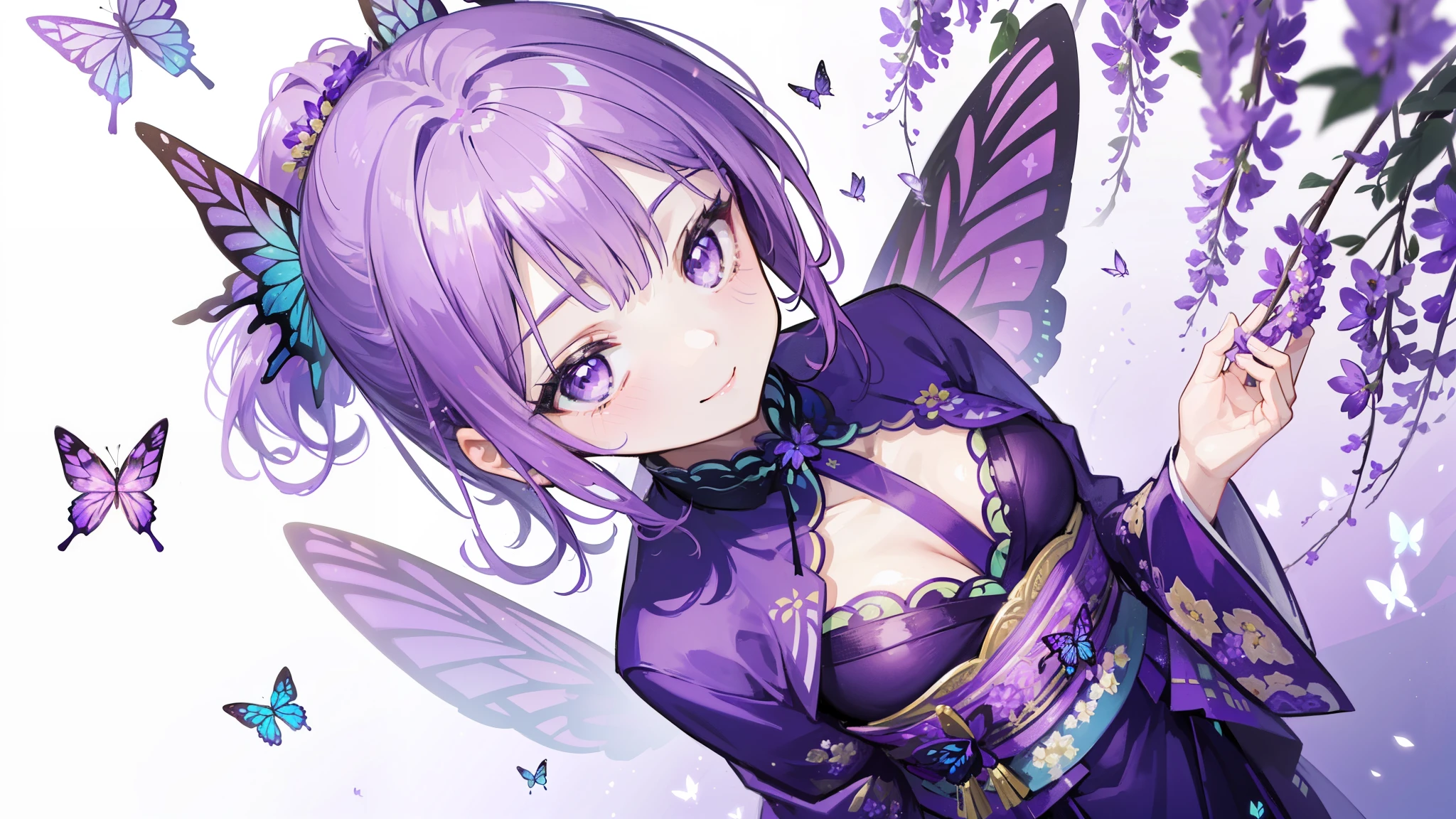 (32k), ((pretty girl)), (high quality), (high resolution), (smile), (high quality wisteria flowers background), (32k Background), (Wisteria trellis),
(Purple short ponytail), (Purple eyes), (18-year-old), (figure), (Purple light particles), (Purple kimono), (Purple kimono), (((From above))), (32k), (beautiful pretty girl), (Butterfly ornament), (Butterfly Dress), ((Lots of butterflies)), (((Background with lots of flowers
))), (((Light background))), (Beautiful world), (Cute World), (smile),