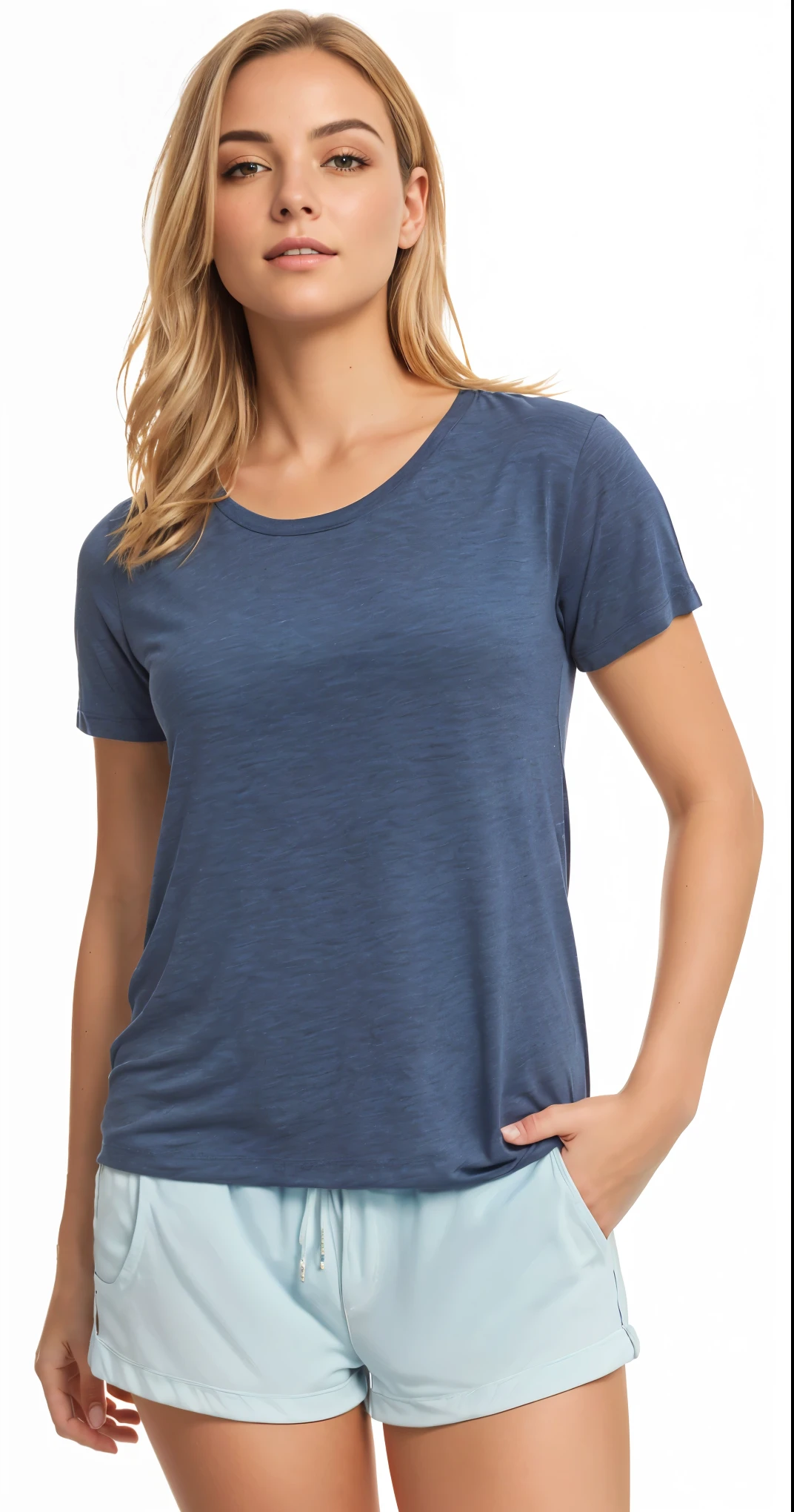 uma mulher vestindo uma camisa cinza e shorts com um abacaxi estampado, official foto do produto, cinza escuro, foto do produto, Manga curta, super realistic”, camiseta, Camiseta, ad image, imagem oficial do produto, Marinha-blue, foto do produto, ambientado em 19xx, Marinha, sprays, highly realistic”, retrato no meio da foto, Marinha blue, sol da tarde