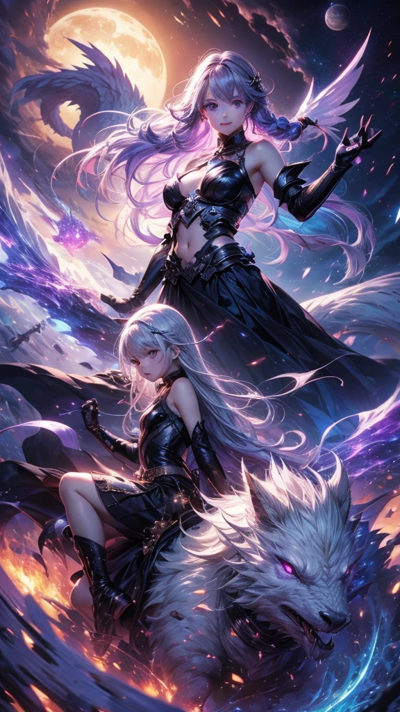 highest quality、Masterpiece、Official Art、Award-winning works、The best composition、A couple is riding on the back of a white dragon、Picture facing the viewer、god々Shii、yinji,1girl,solo, purple eyes, long hair, twin braids, purple hair, multicolored hair, elbow gloves, bangs, very long hair,bare shoulders, black skirt, grey hair, dress, smile, side cutout,covered navel, star、流star群、universe、
