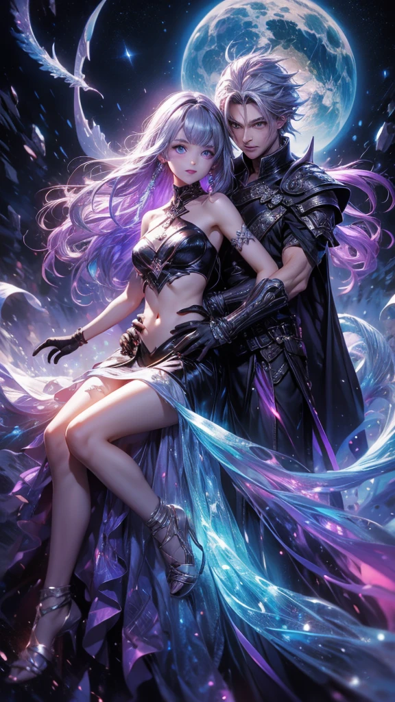 highest quality、Masterpiece、Official Art、Award-winning works、The best composition、A man and woman couple riding a dragon、god々Shii、yinji,1girl,solo, purple eyes, long hair, twin braids, purple hair, multicolored hair, elbow gloves, bangs, very long hair,bare shoulders, black skirt, grey hair, dress, smile, side cutout,covered navel, side cutout,finger frame