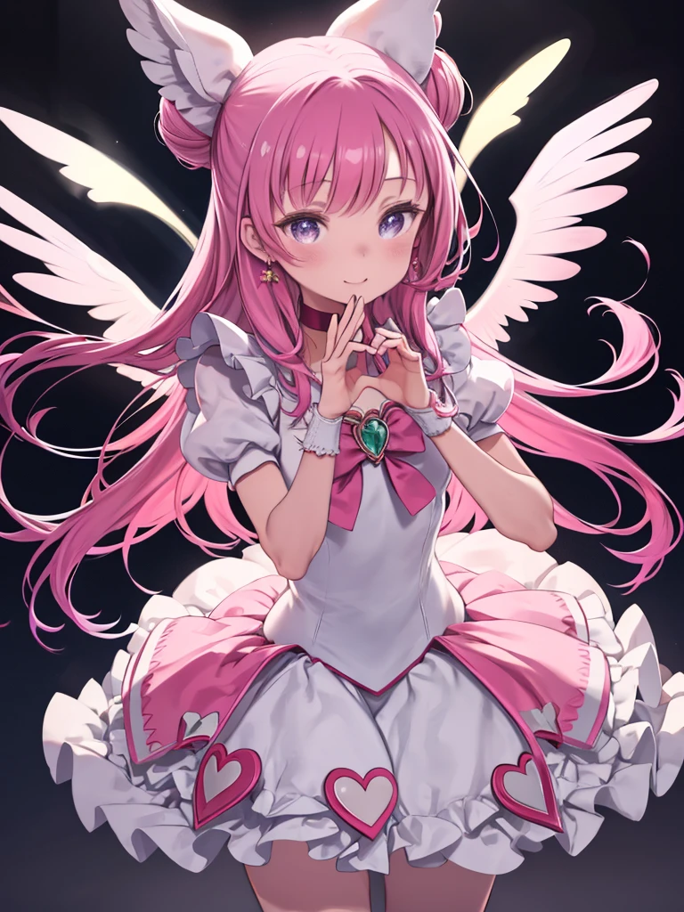 (masterpiece), highest quality, High resolution, Very detailed, Detailed Background, Cinema Lighting, Super detailed, anime, One Girl, alone, Cure Precious, Long Hair, White gloves, Pink Hair, bow, jewelry, Earrings, Corn Hair Bun, hair bow, Purple eyes, red bow, Shiny Hair, hair band, clavicle, Magical girl, heart brooch, dress, Pink choker, short dress, skirt, White apron, Both sides up, brooch, miniskirt, Smile, (Shiny fabric), Cowboy Shot, Are standing, blush, (Beautiful fine details), Very detailedな顔, Perfect lighting, Very detailedなCG, (Perfect hands, Perfect Anatomy), Shiny material, Latex gloss, Dynamic pose.