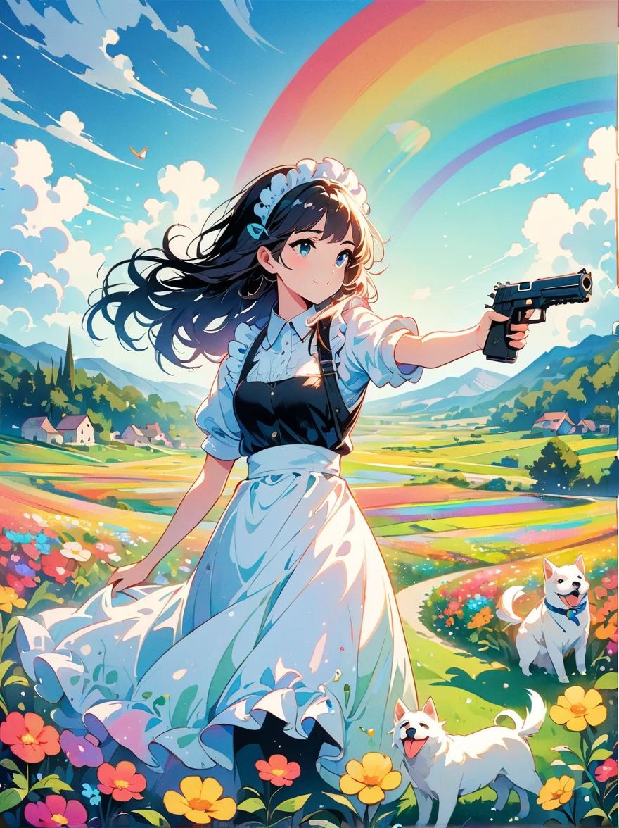 French countryside，Illustration of a cute girl，Black long hair，Wearing maid outfit, maid，Holding a white dog，Walking in the flower fields，Cloudy sky in the background，Right hand holding the gun，The gun is pointed at you，Happy expression，digital art style，Rough Line Work，Flat illustration style，Vibrant colors，The breath of spring，Landscape photos，high resolution，high quality，High Detail，Colorful, rainbow, small , Contrasting colors, in the spring landscape, icon design, Rozmin trip, vector art, Solitary，Abstract surreal colors, Popular geometric surrealism, rainbow色的梦想