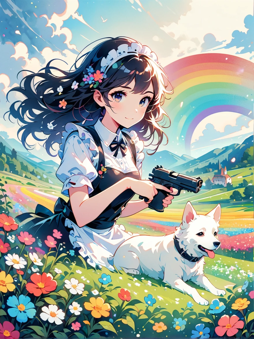 French countryside，Illustration of a cute girl，Black long hair，Wearing maid outfit, maid，Holding a white dog，Walking in the flower fields，Cloudy sky in the background，Right hand holding the gun，The gun is pointed at you，Happy expression，digital art style，Rough Line Work，Flat illustration style，Vibrant colors，The breath of spring，Landscape photos，high resolution，high quality，High Detail，Colorful, rainbow, small , Contrasting colors, in the spring landscape, icon design, Rozmin trip, vector art, Solitary，Abstract surreal colors, Popular geometric surrealism, rainbow色的梦想