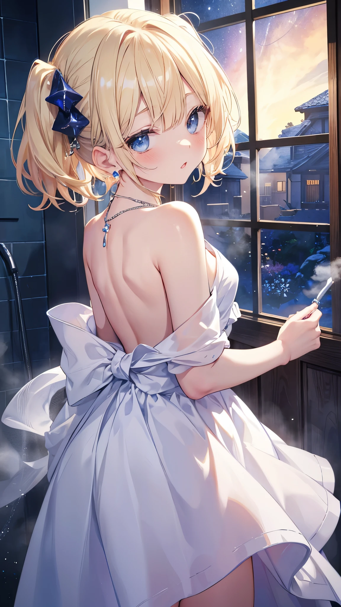 Absurd, Ultra-detailed,Bright colors, Very beautiful and detailed anime faces and eyes,indoor, Gazing at the audience,(You can see the starry sky from the window:1.2),(Kind Face:1.4), ribbon, window,Bathroom、Wash your body in the shower,Chair,Hide the chest with steam,Blur,Close ~ eyes,Open your mouth,Upper body naked、 From the back, Feet are outside the frame, Depth of written boundary, Age 25,short hair, , Asymmetrical bangs, Blonde hair in short pigtails, Shiny Hair, Delicate and beautiful face, blush、blue eyes, White skin, Barrette, Earrings, necklace,Night Scenery