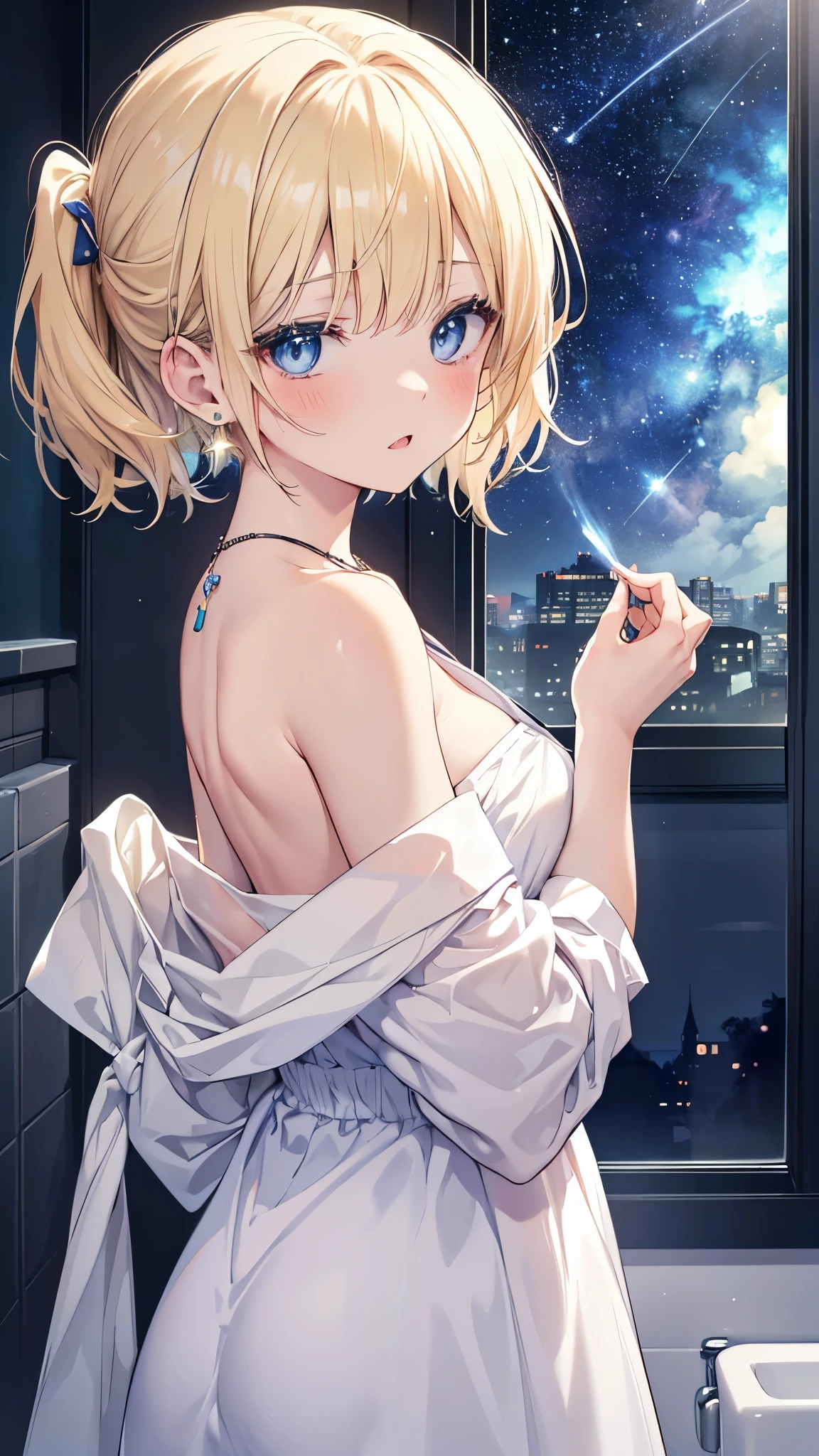 Watercolor painting of a beautiful woman, 30 delicate colors, wearing a fine silky, close-fitting sheet-like fabric, detailed eyes, long eyelashes, foundation, pink lipstick, eyeliner, facial details, simple Necklace, look at me, detailed depiction, space colored with ornaments, delicate light depiction,