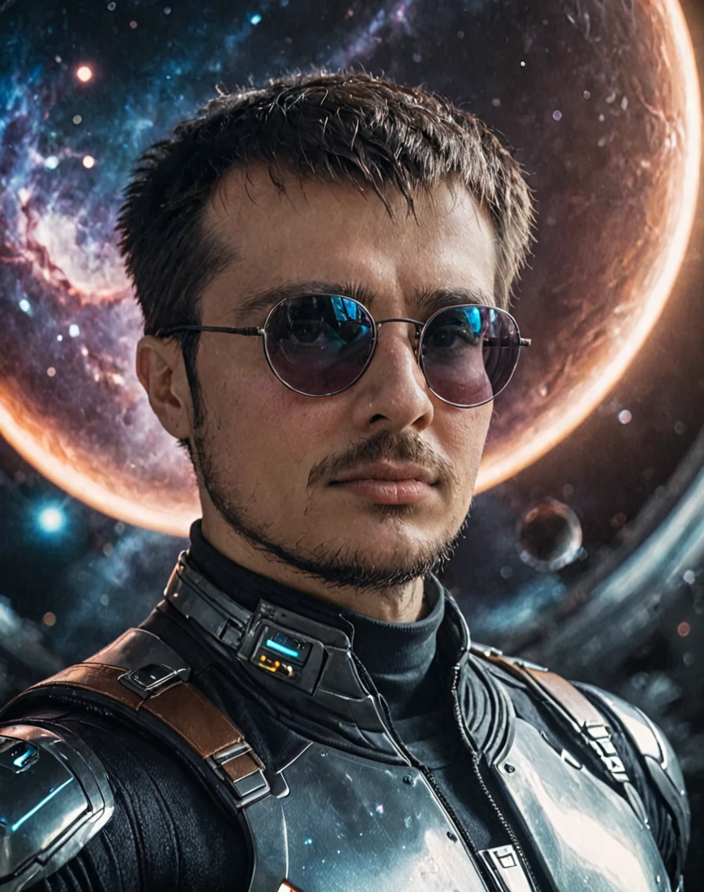 ErwanB with sunglasses looks at the camera, he is in space with a futuristic suit, cinematic light, universe, photorealistic, specular light, fantasy world, heroic fantasy, EOS R5, F2.8