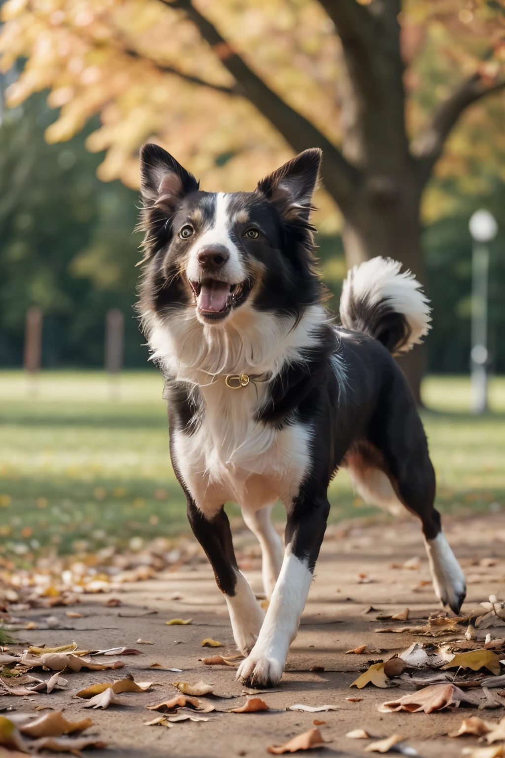 (Best quality, Highres, Ultra-detailed: 1.2), HDR, Vibrant Colors, Adorable Scene, Park Scenery, Lush Greenery, Playful Atmosphere, colorful leaves, autumn colors, squirrels playing, fallen leaves, wooden fences, rustic bench, sunny weather, creative composition, side view, crea (a black and white border collie), running enthusiastically with a joyful bark, playful tail wagging, quick paced motion, shallow depth of field, focusing on the dog, detailed fur texture, highlighted by the sunlight, focus on the dog's energetic expression, blurry background, capturing