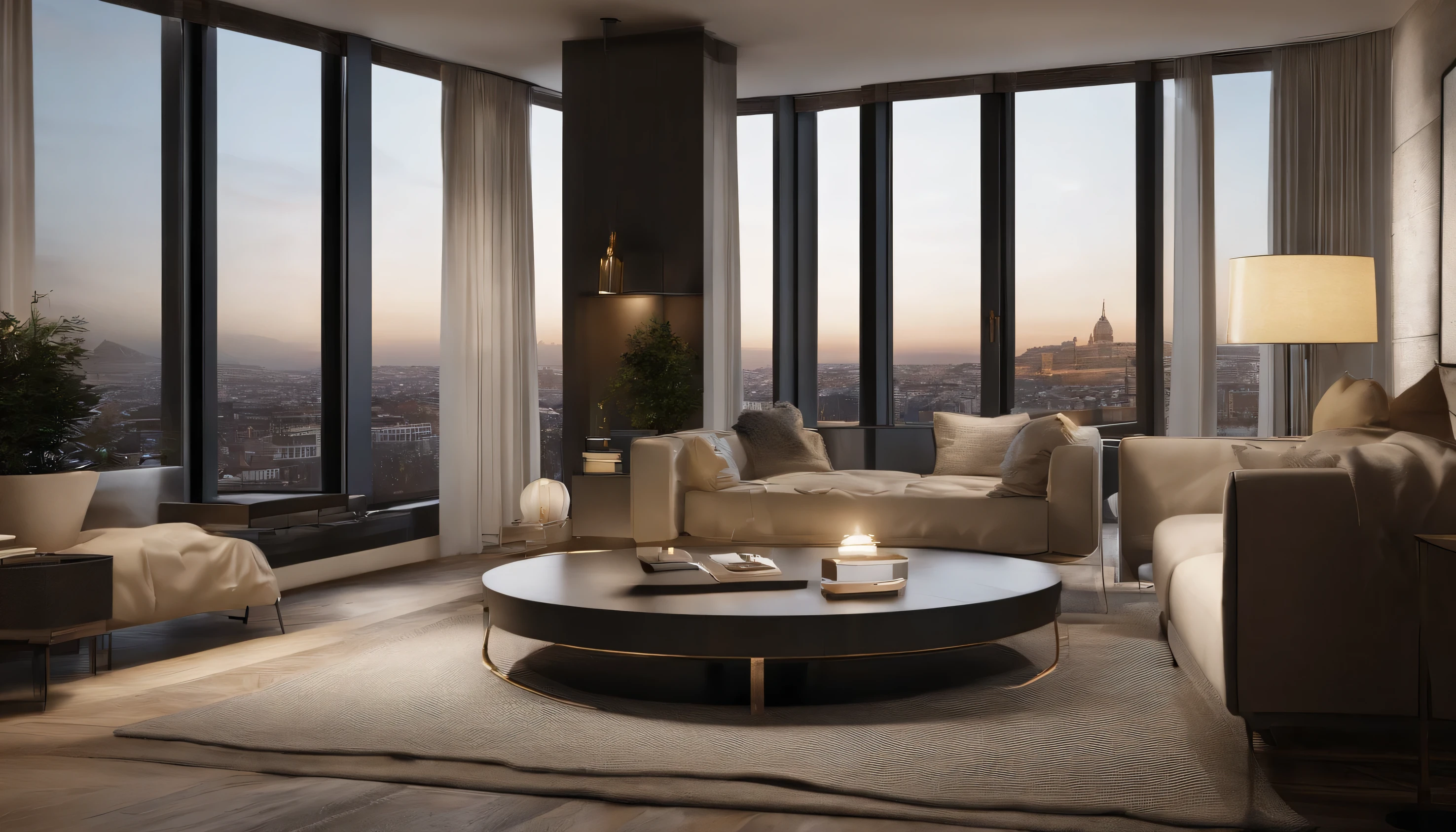 Design a luxury bedroom in a modern tower apartment with the following specifications: * High-quality, extremely detailed and precise rendering * 8K or 16K resolution * Decor includes: + Green wallpaper + White curtains + A single potted plant + A cutting-edge art poster * Scene settings: + Day: capture the golden hour of the sunset + Night: capture the cityscape with bright lights * Camera angle: wide-angle shot * Style: modern and luxurious Please provide a detailed and precise description of the bedroom in this setting, focusing on the quality of the rendering, the accuracy of the decorations, and the overall aesthetic of the scene." This revised prompt is more specific, concise, and easy to understand, 