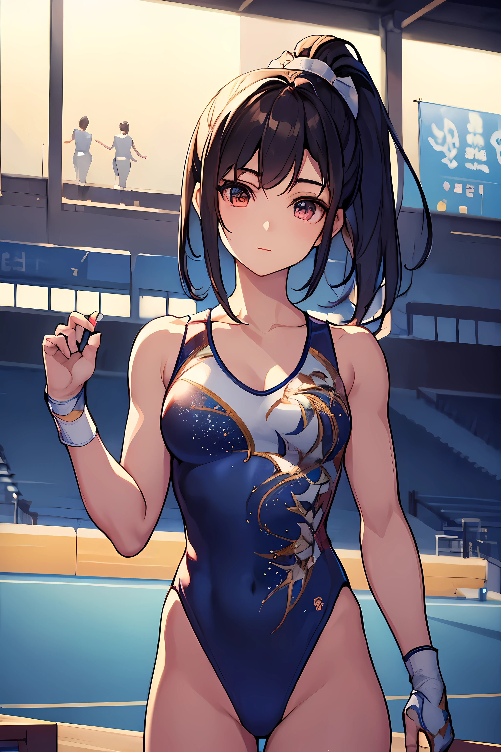  masterpiece, (textured skin), best quality, gorgeous beautiful girl, (a female gymnast), detailed clothes, (beautiful face), cinematic lighting, (at gymnastics venue),