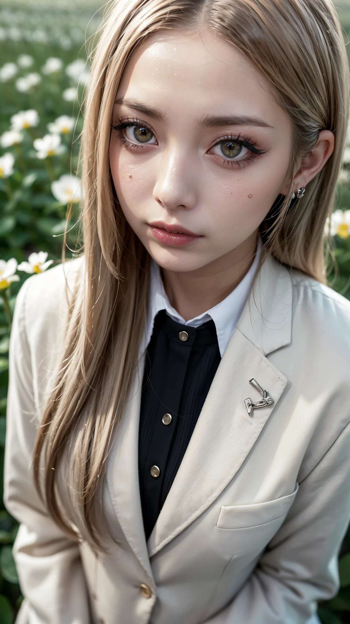 Realistic, masterpiece, highest quality, Highest Resolution, Japanese , , Upper body photo, Looks sleepy, inattention, Open your mouth, Beautiful and detailed eye drawing, (Droopy eyes:1.3), Dark Eyes, Thin eyebrows, Draw eyelashes carefully, Eyelash extensions, Gal Makeup, Orange Cheek, (White brown straight hair, Long Hair, middle part:1.3), (Hidden eyelid wrinkles:1.3), (The blazer he is wearing is dark green and has a gothic design.:1.2), (The subject was photographed from above at an angle:1.3), (Flower Field:1.3), (Face close-up:1.5)