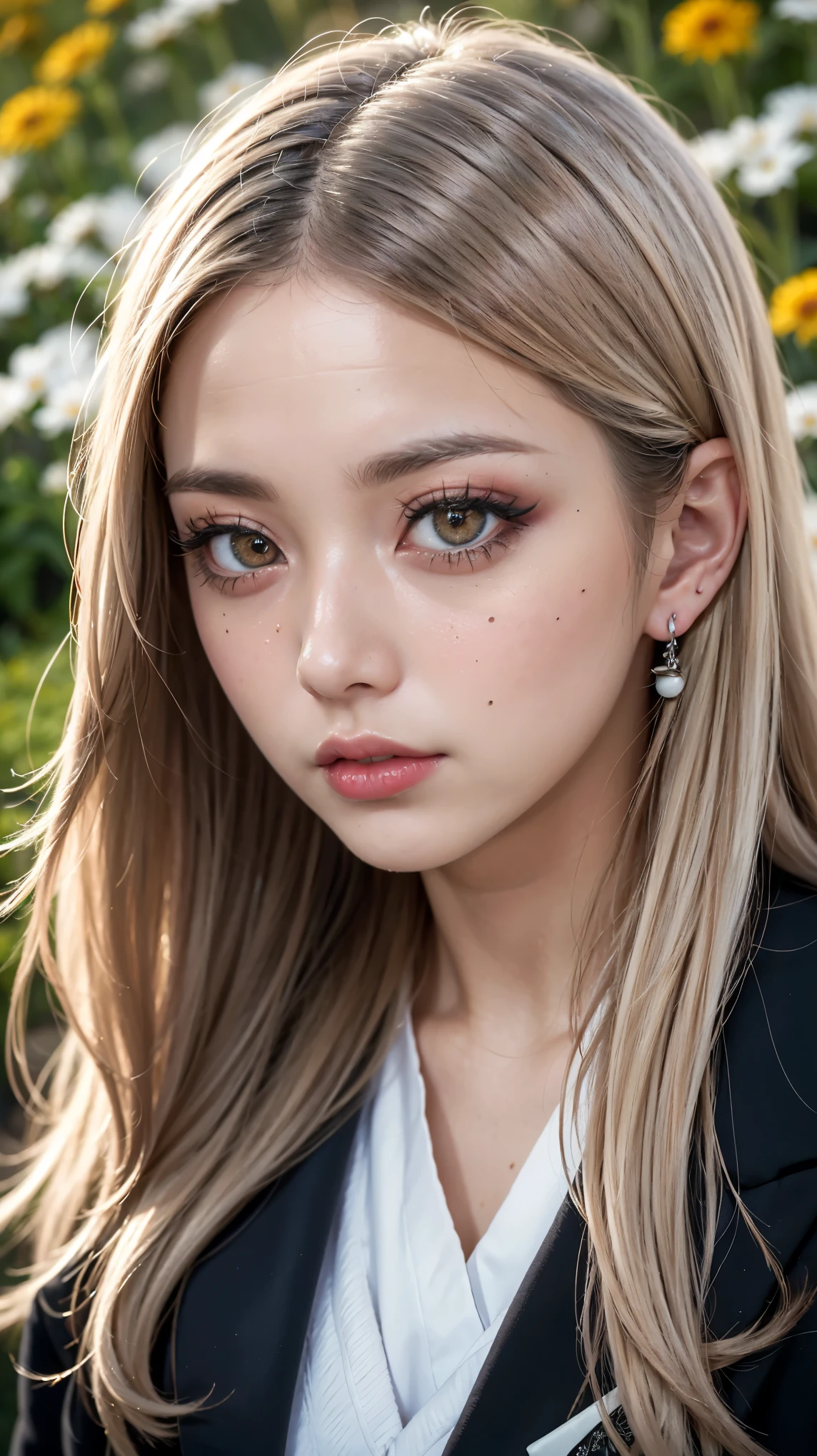 Realistic, masterpiece, highest quality, Highest Resolution, Japanese , , Upper body photo, Looks sleepy, inattention, Open your mouth, Beautiful and detailed eye drawing, (Droopy eyes:1.3), Dark Eyes, Thin eyebrows, Draw eyelashes carefully, Eyelash extensions, Gal Makeup, Orange Cheek, (White brown straight hair, Long Hair, middle part:1.3), (Hidden eyelid wrinkles:1.3), (The blazer he is wearing is dark green and has a gothic design.:1.2), (The subject was photographed from above at an angle:1.3), (Flower Field:1.3), (Face close-up:1.5)