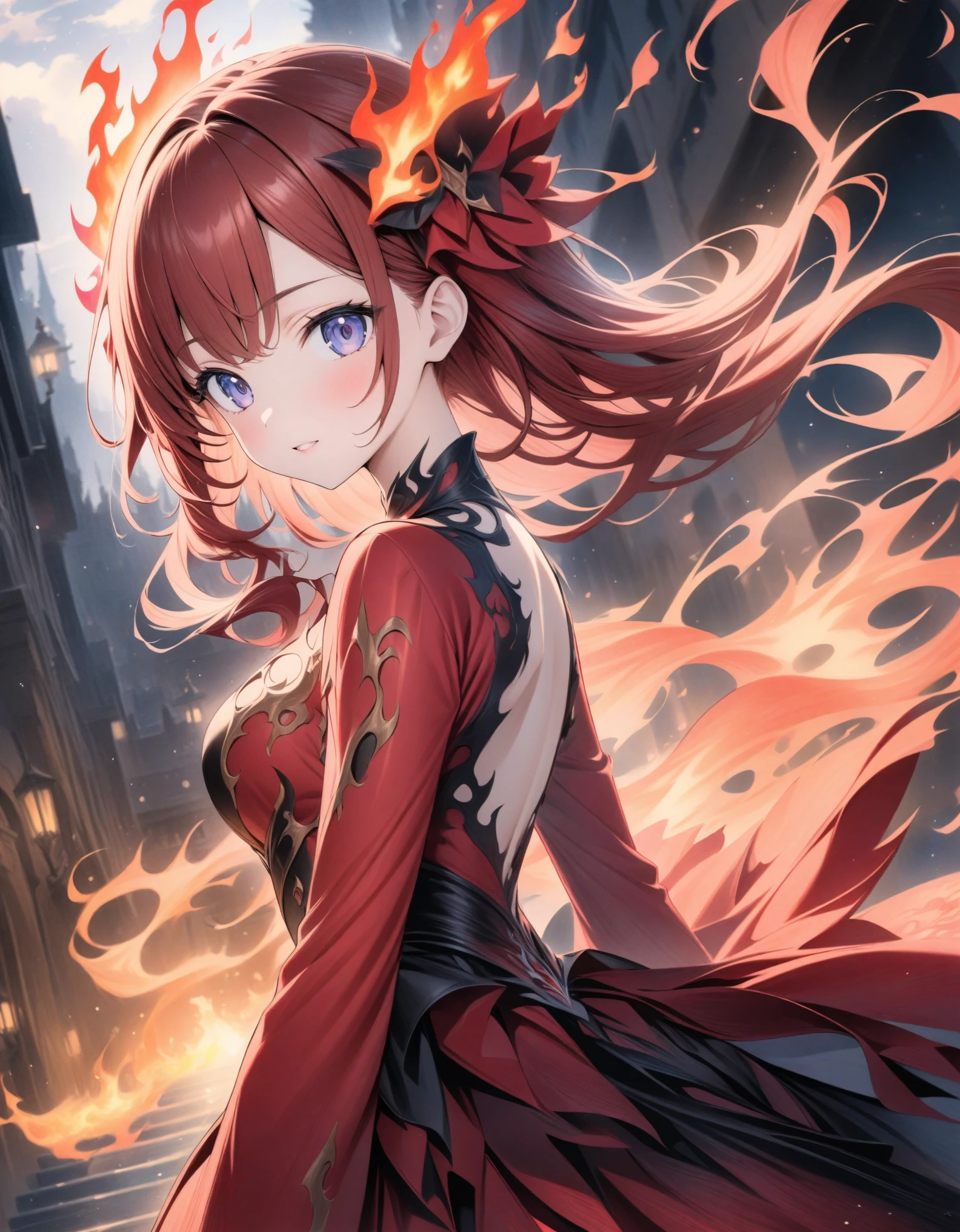 ((style:Colored pencil,pale colour)),(anime)、(masterpiece:1.2),atmospheric perspective,lens flare、Princess of Flame、Otherworldly fantasy、cute、Flames swirling all around、Red costume inspired by flames、Light effects